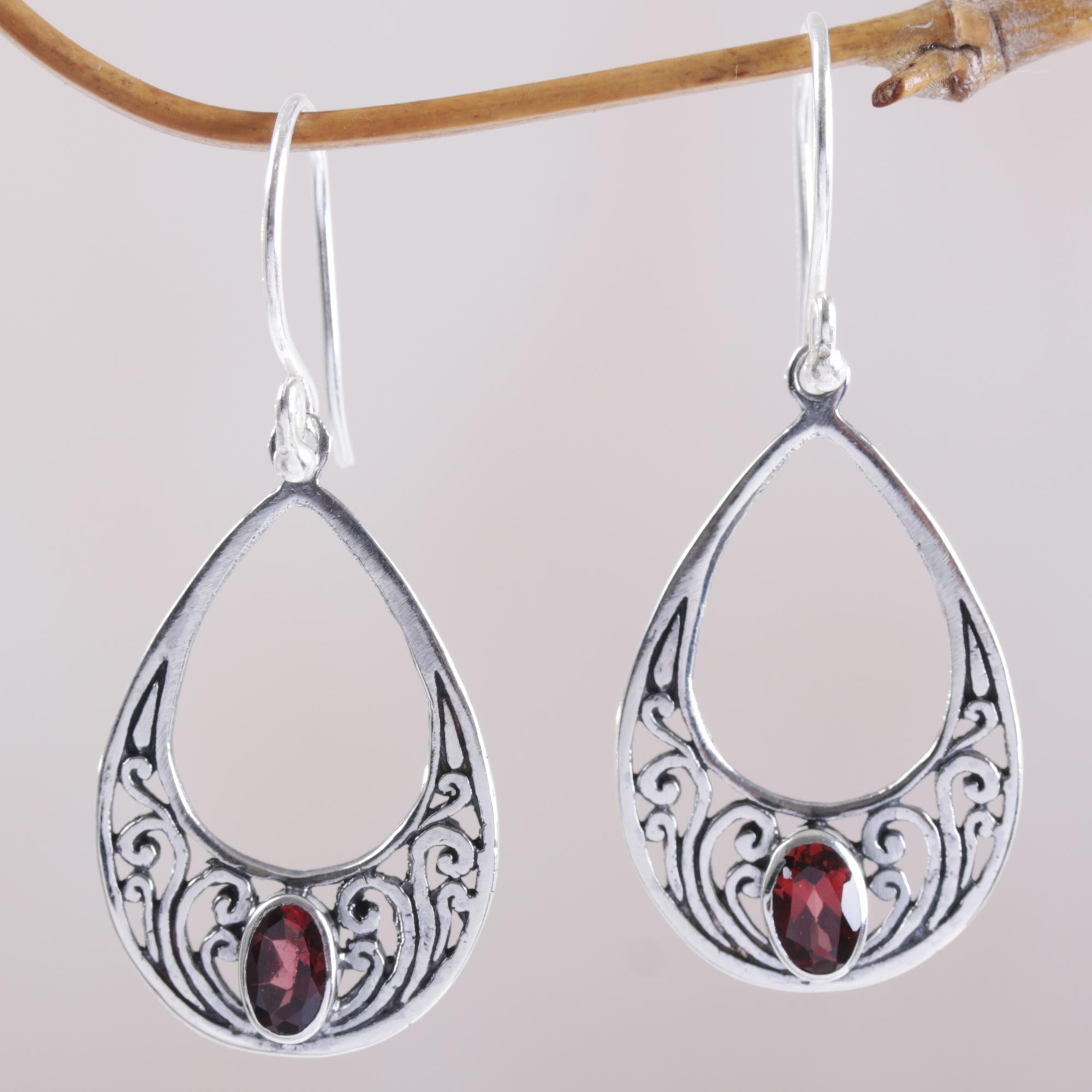 Premium Elegant Tears Garnet & Silver Dangle Earrings - Handcrafted in Bali