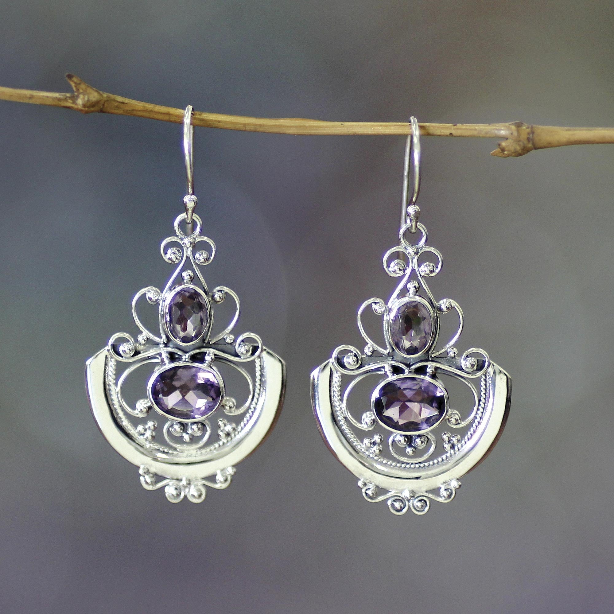 Premium Balinese Goddess Amethyst Dangle Earrings in Sterling Silver