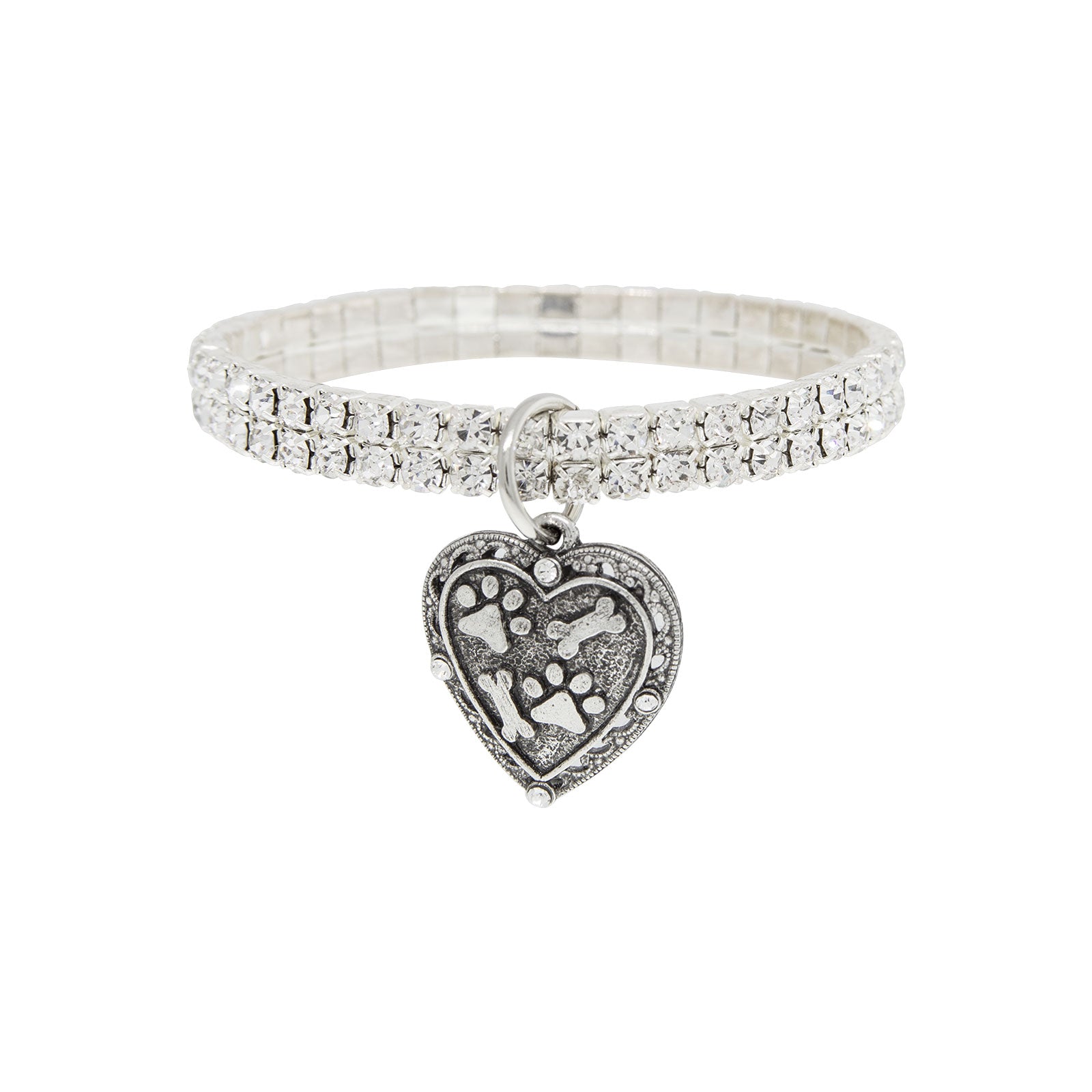 Premium Silvertone Crystal Stretch Bracelet with Paw & Bones Heart Charm for Dog Lovers