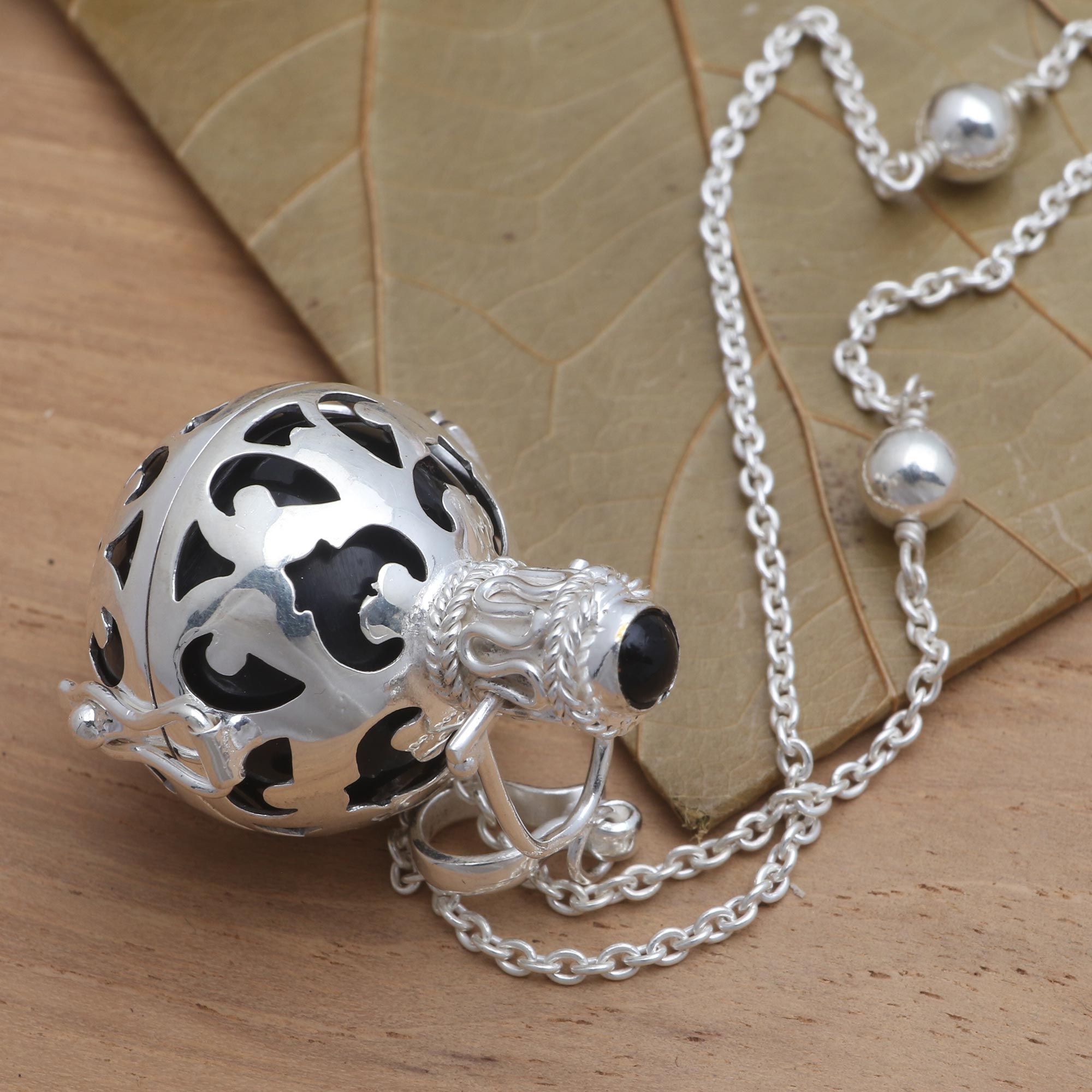 Premium Harmony Ball Necklace - Sterling Silver & Black Enamel with Onyx