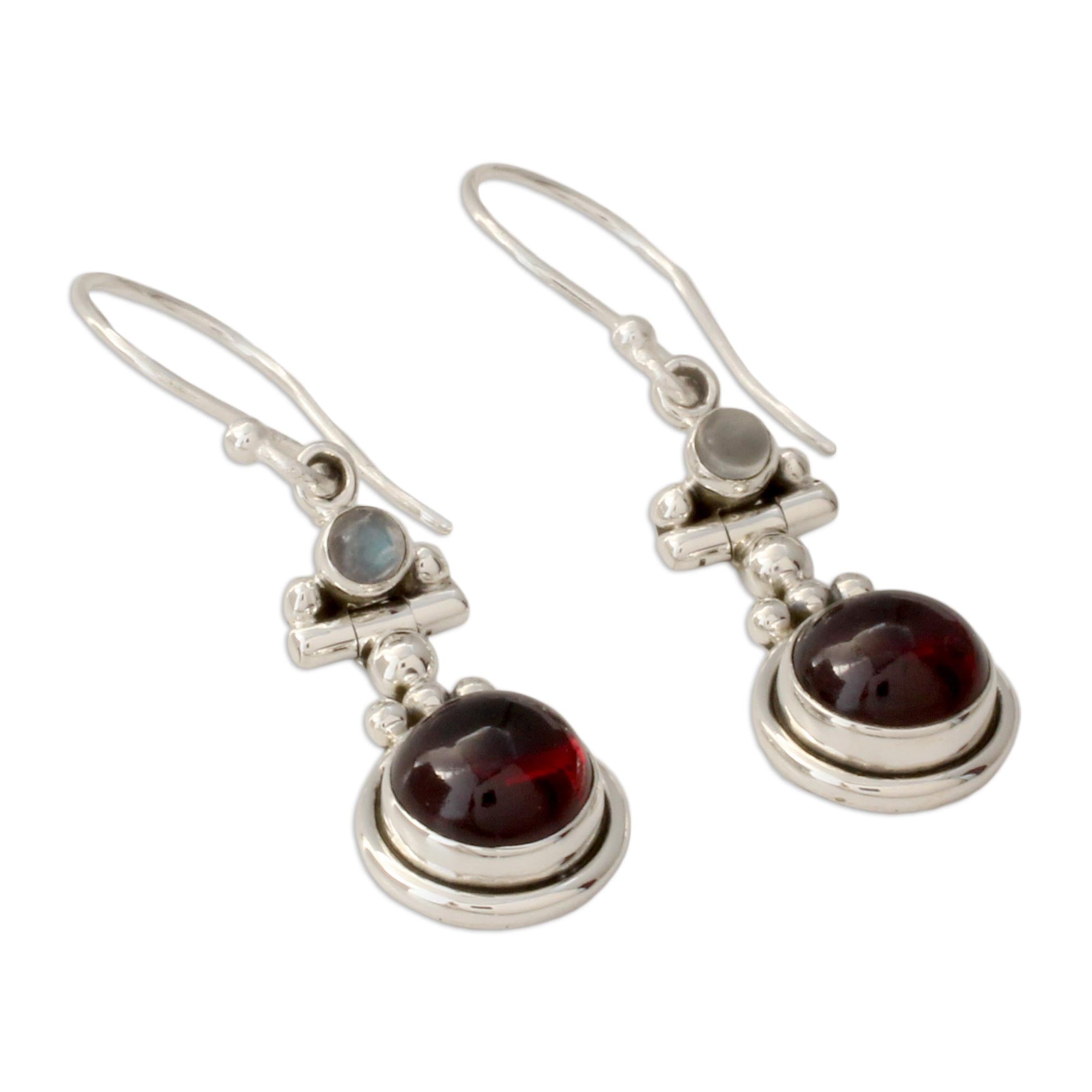 Premium Misty Moon Garnet Silver Dangle Earrings - Handcrafted Elegance