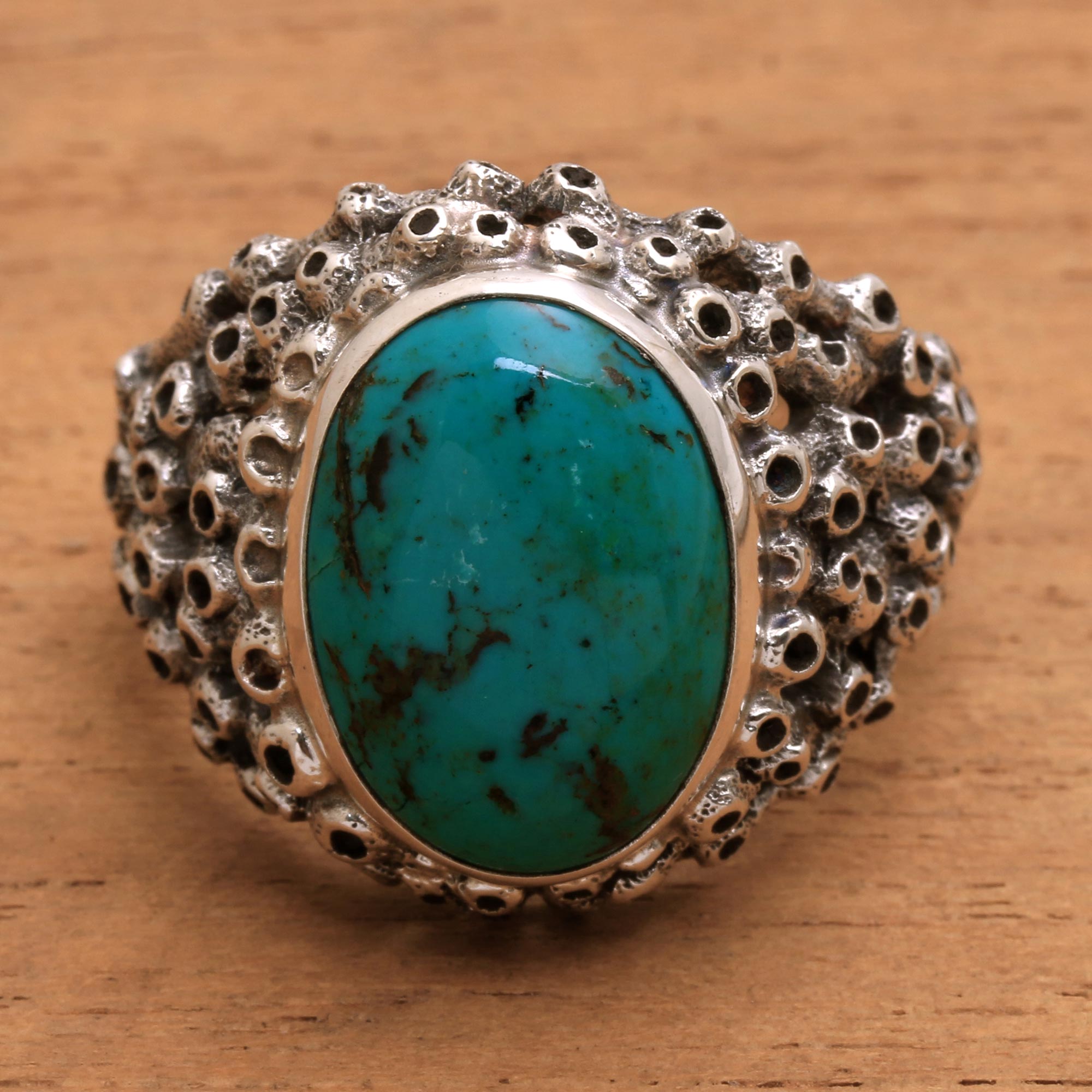 Premium Living Coral Men's Sterling Silver Ring with Turquoise