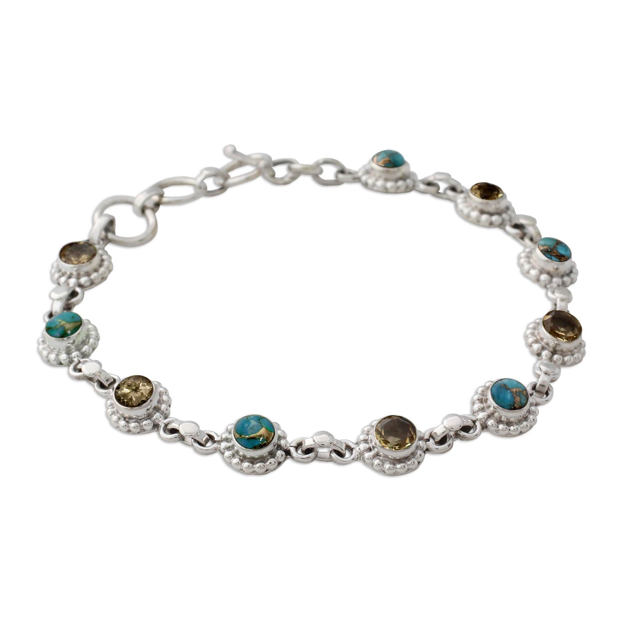 Premium Petite Floral Sterling Silver Bracelet with Citrine & Turquoise