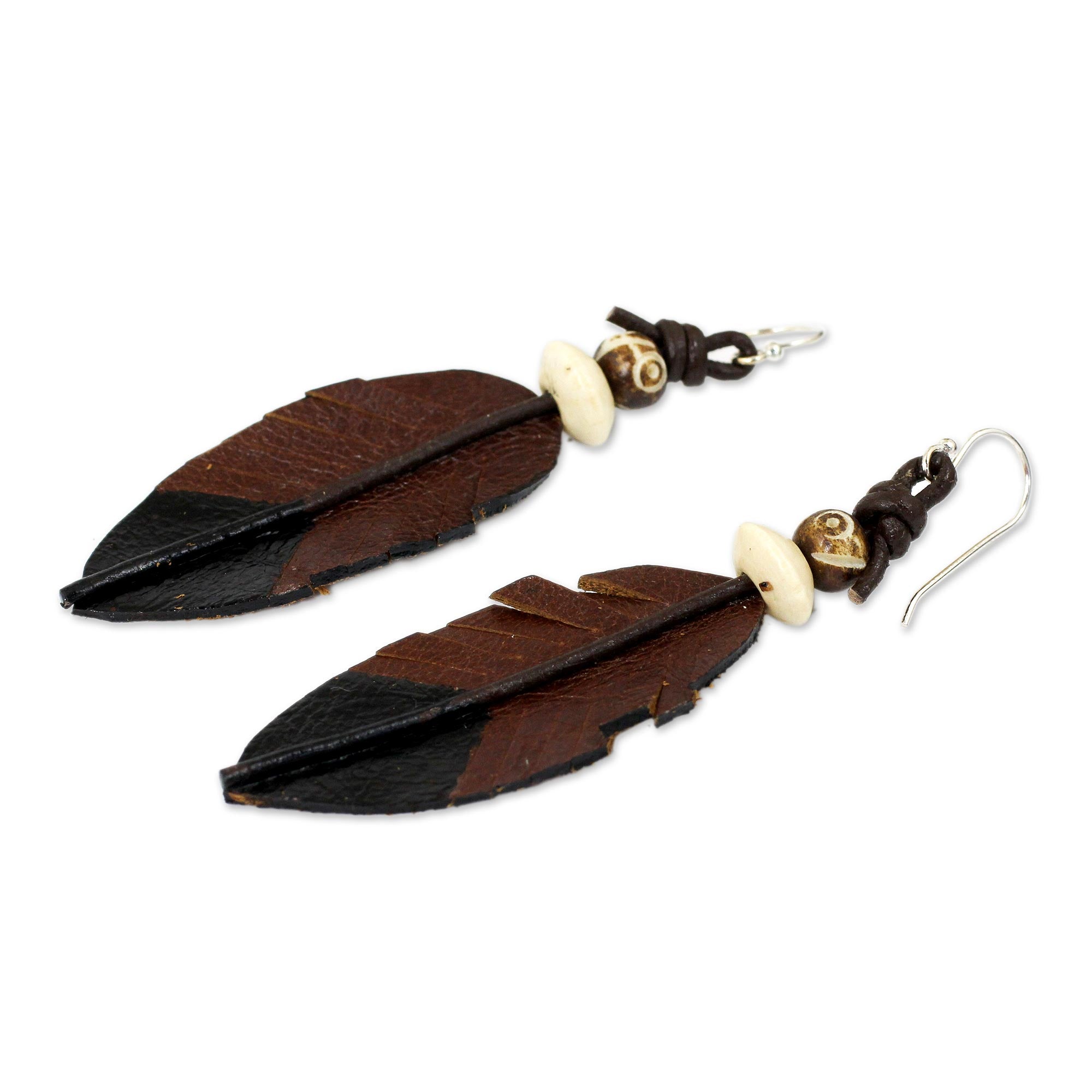 Premium Handmade Leather Feather Earrings | Fair Trade Artisan Craft from Thailand