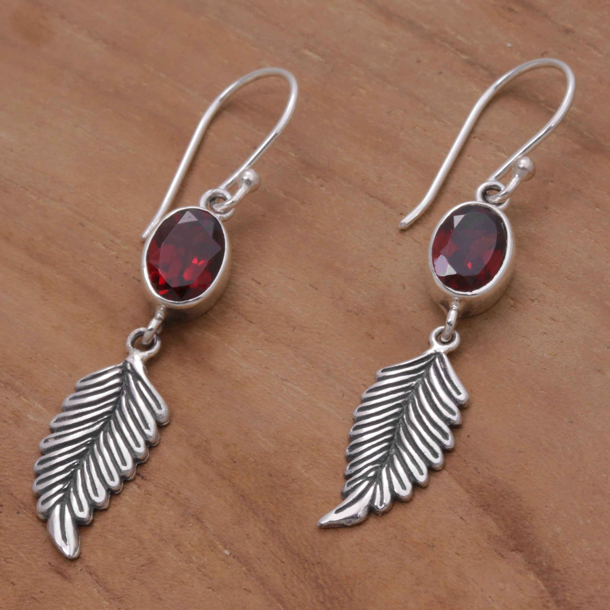 Premium Passionate Hope Balinese 925 Sterling Silver Feather Earrings with Garnet Gemstones