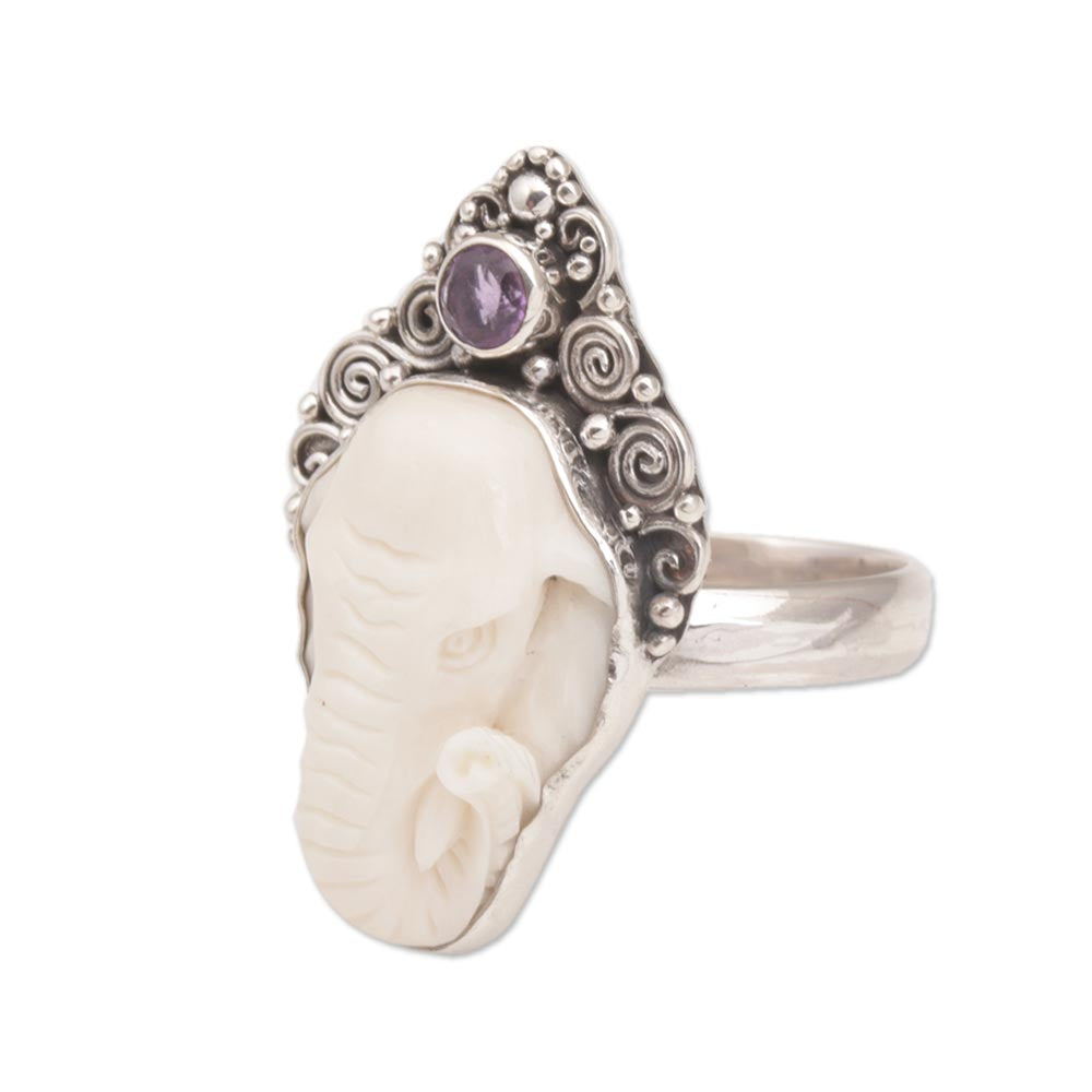 Premium Elephant Grandeur Amethyst & Silver Ring - Handcrafted Elegance