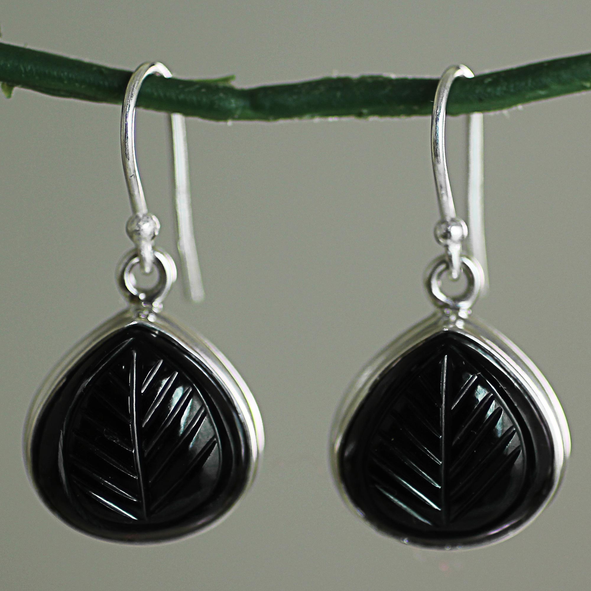 Premium Handcrafted Betel Leaf Sterling Silver Onyx Dangle Earrings from India