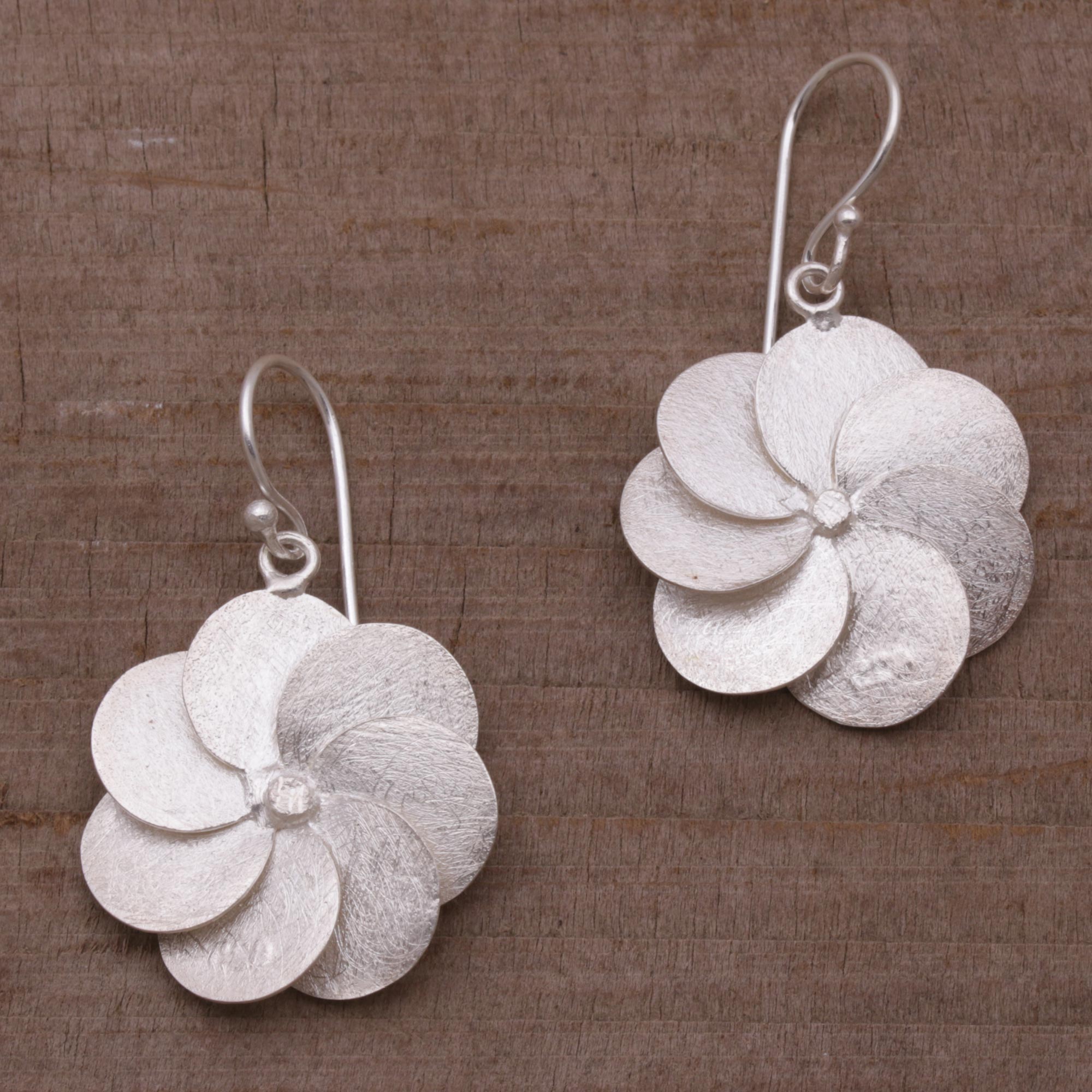 Premium Windmill Floral Sterling Silver Dangle Earrings from Bali - Handcrafted Elegance