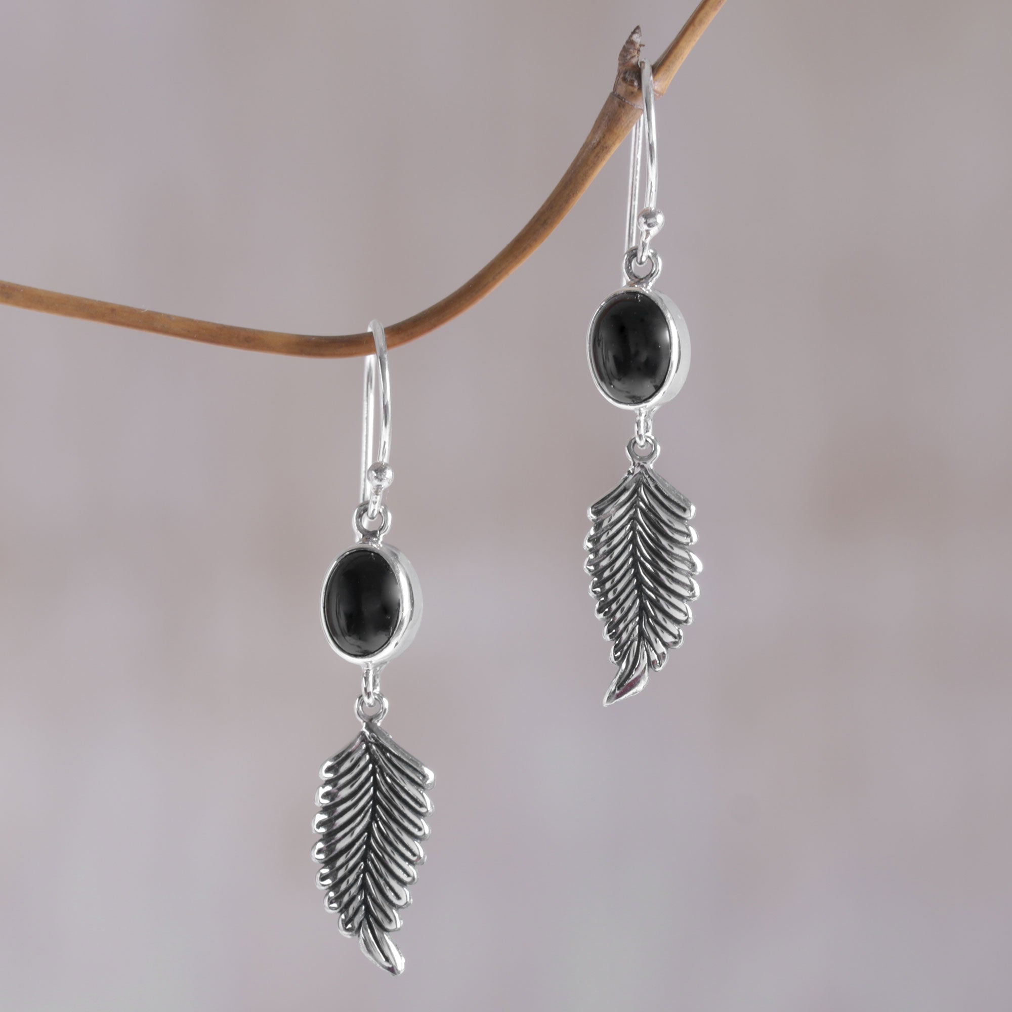 Premium Balinese 925 Sterling Silver Feather Earrings with Onyx - Handcrafted Elegance