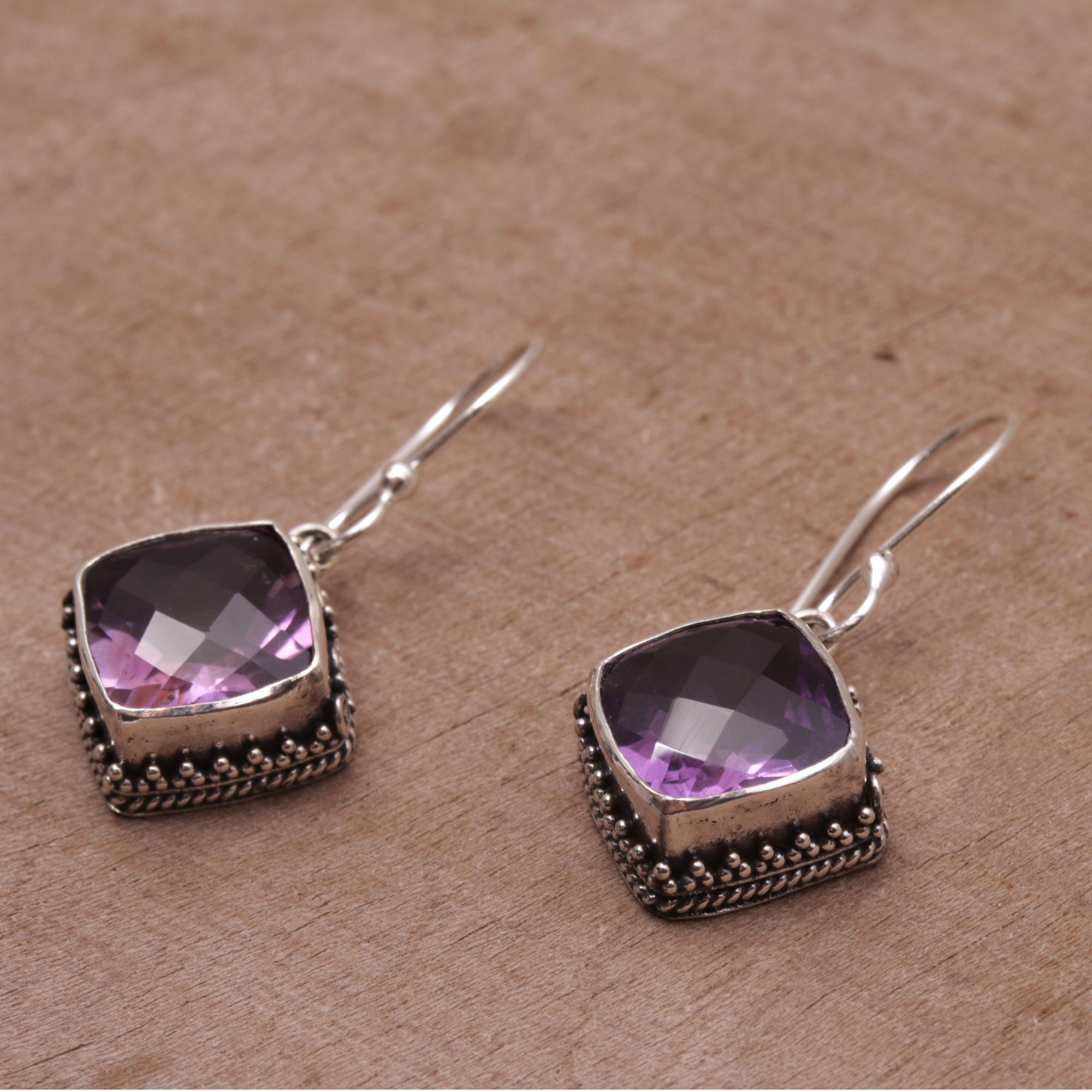 Premium Pura Amethyst & Silver Dangle Earrings - Handcrafted in Bali