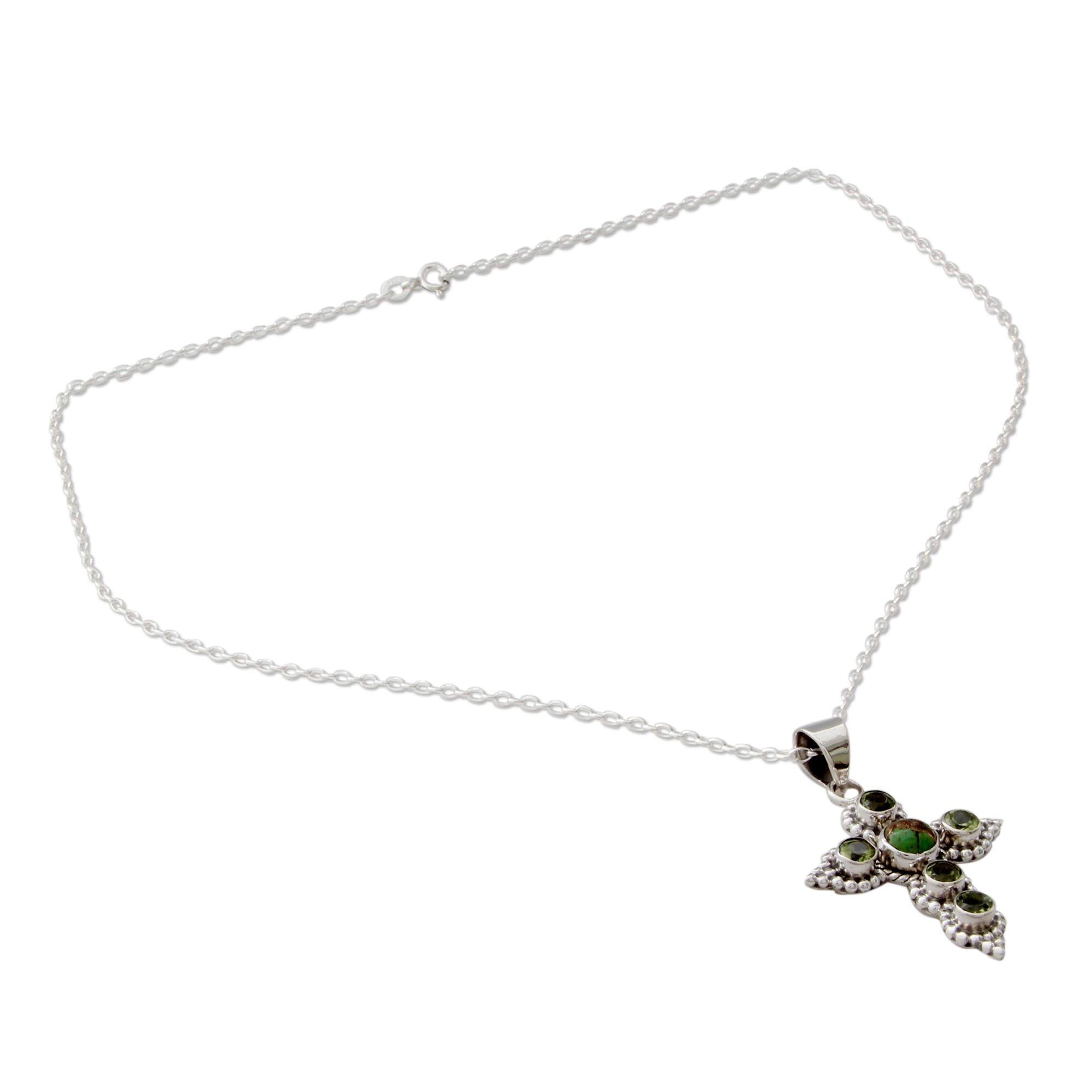 Premium Divine Harmony Artisan Crafted Peridot and Sterling Silver Cross Necklace