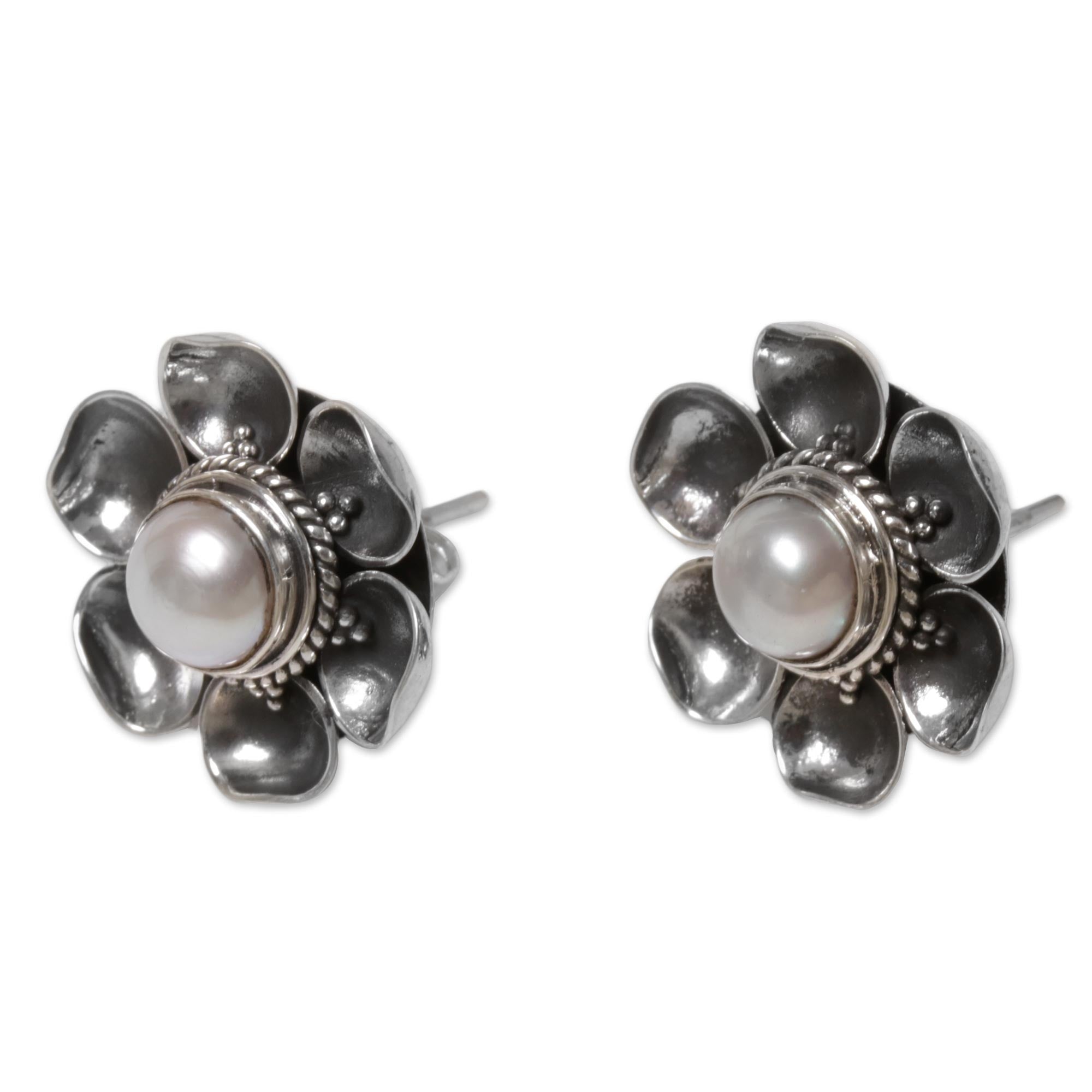 Premium Blooming White Roses Mabe Pearl Silver Earrings