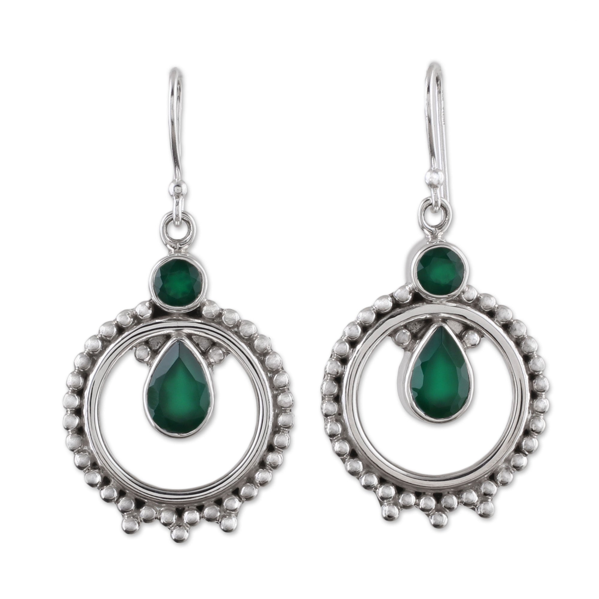 Premium Regal Circles Green Onyx Sterling Silver Dangle Earrings - Handcrafted in India