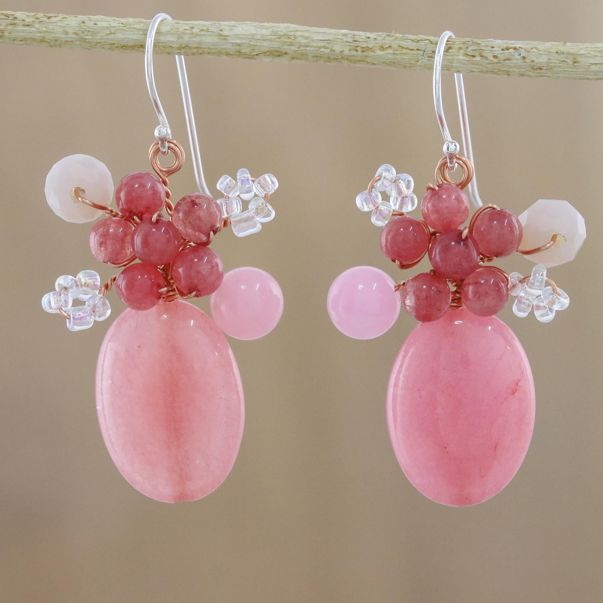 Premium Blossom Blush Handmade Pink Quartz Dangle Earrings - Artisan Crafted in Thailand