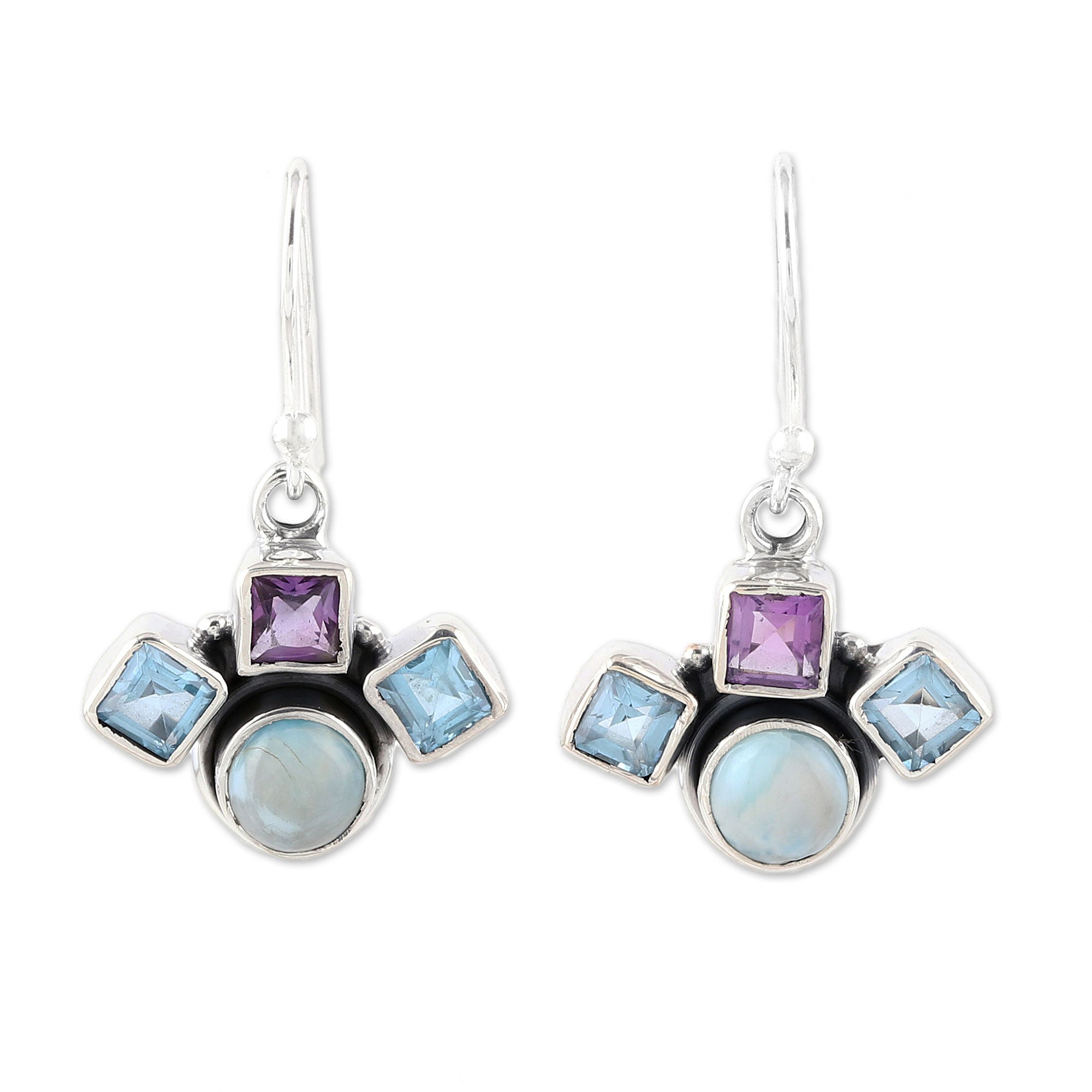 Premium Sterling Silver Dangle Earrings with Blue Topaz, Amethyst & Larimar