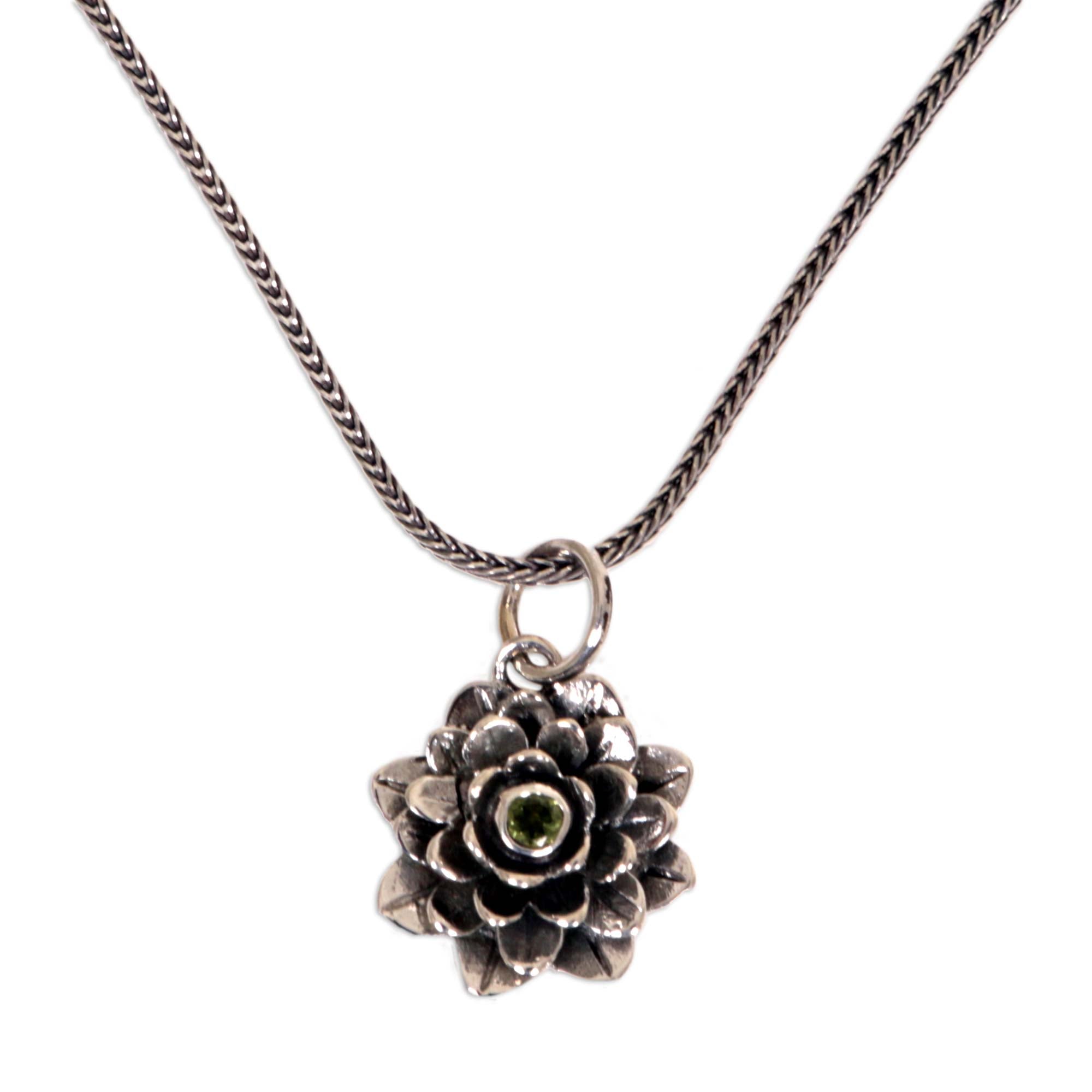 Premium Sacred Green Lotus Sterling Silver Pendant Necklace with Peridot