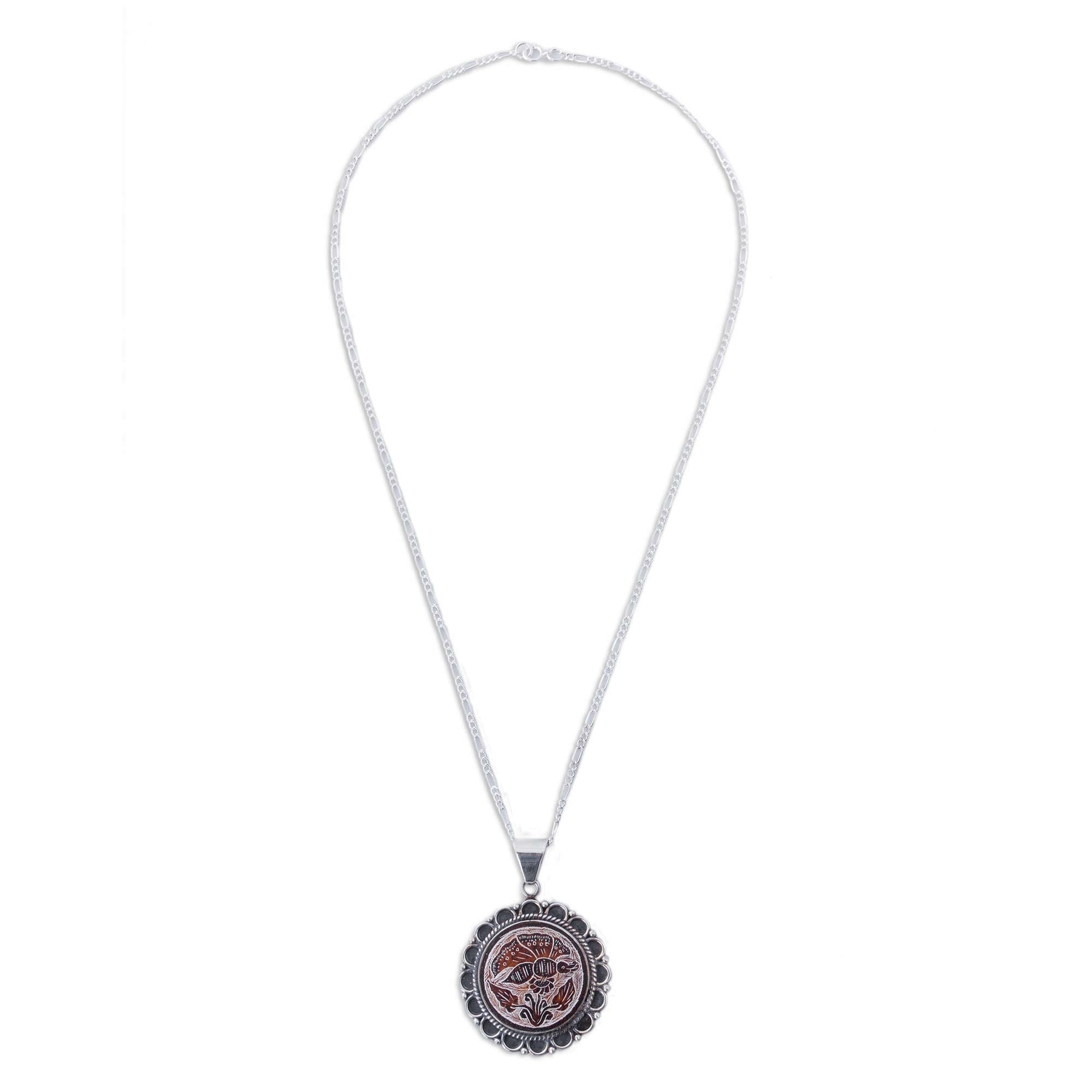 Premium Daisy Butterfly Peruvian Mate Gourd Pendant Necklace - Handcrafted Sterling Silver Jewelry