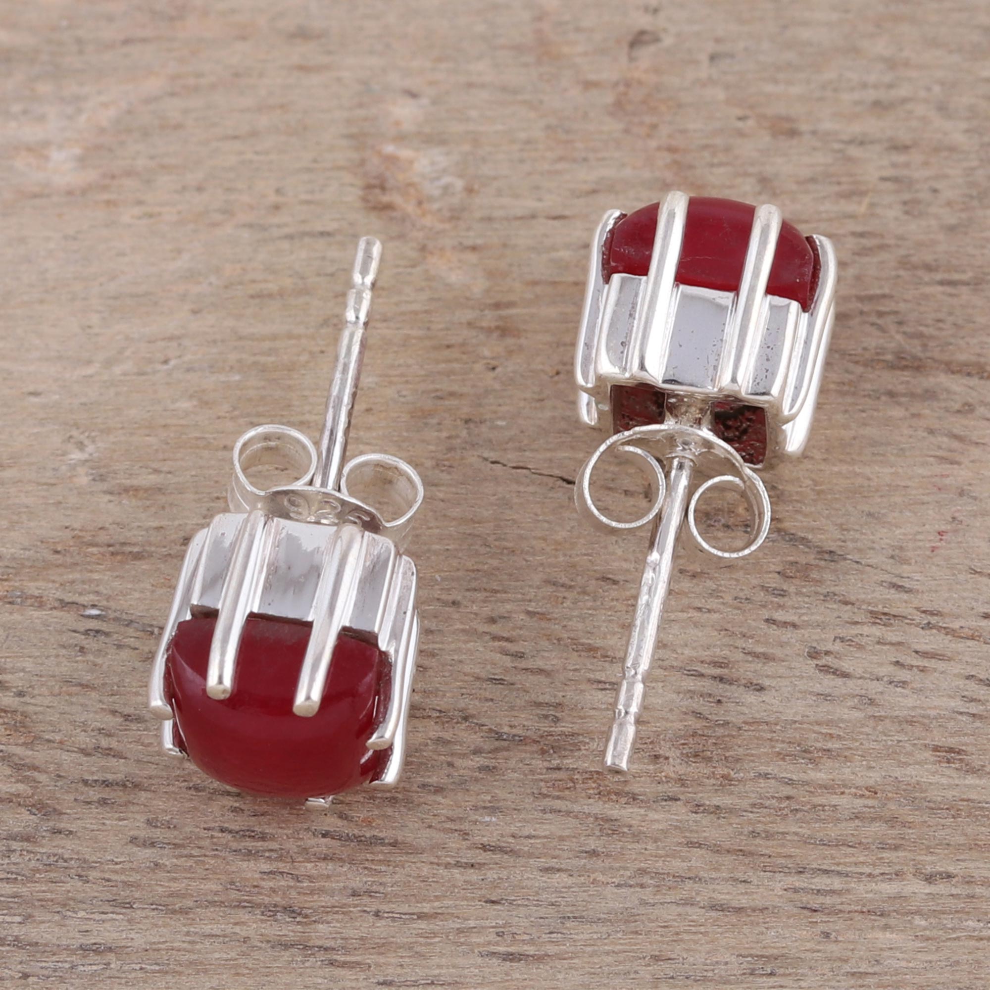 Premium Red Jasper Sterling Silver Button Earrings – Handcrafted in India