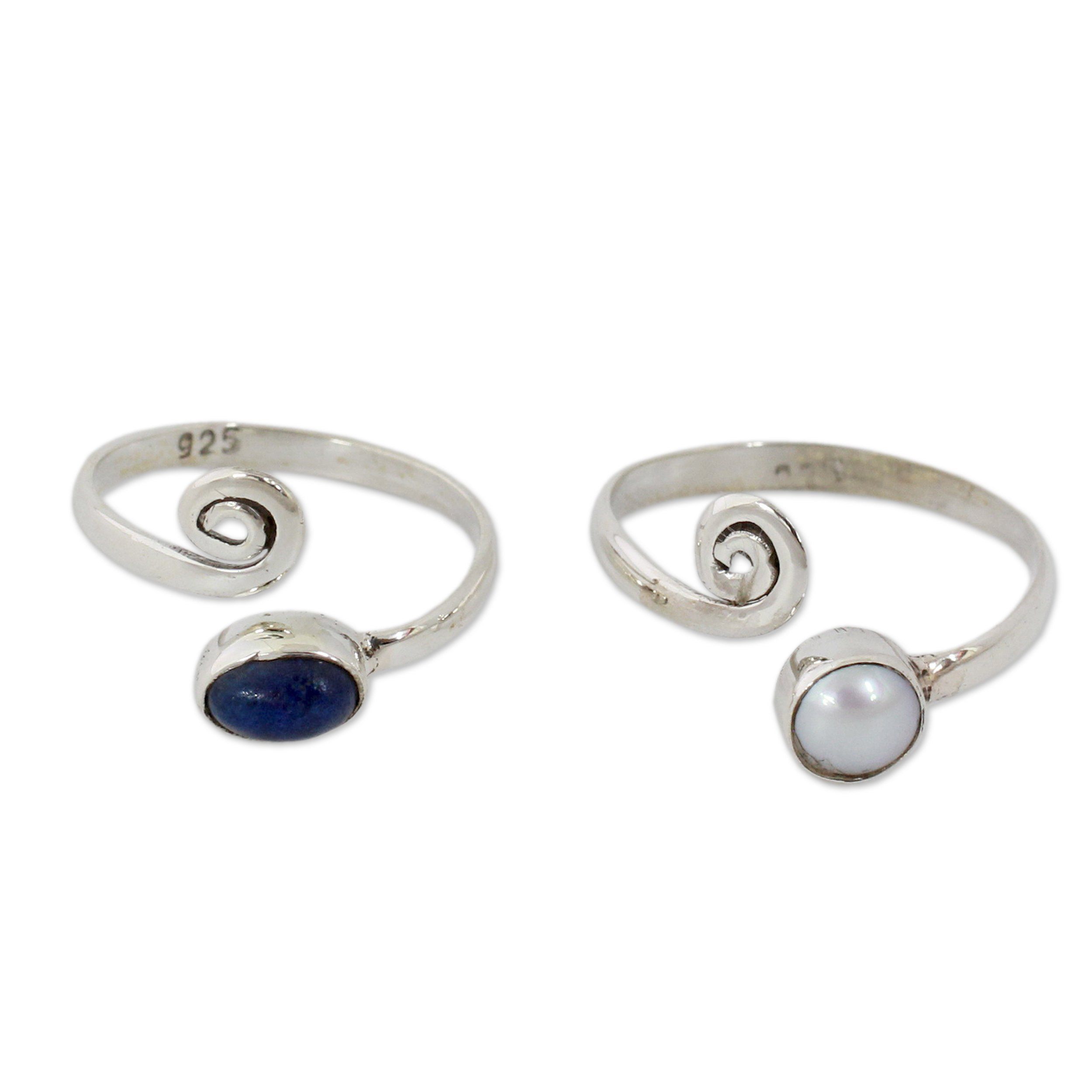 Premium Pearl & Lapis Lazuli Toe Ring Set - Handcrafted Sterling Silver