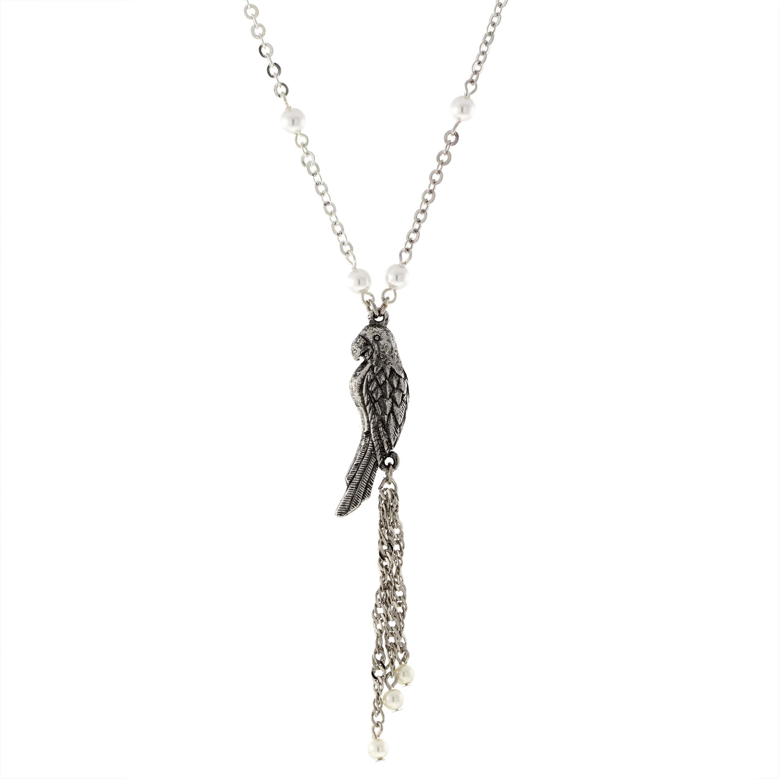 Premium 1928 Jewelry® Pewter Parrot Necklace with Silver-Tone Pearl Chain & Tassel Drop - Adjustable 16