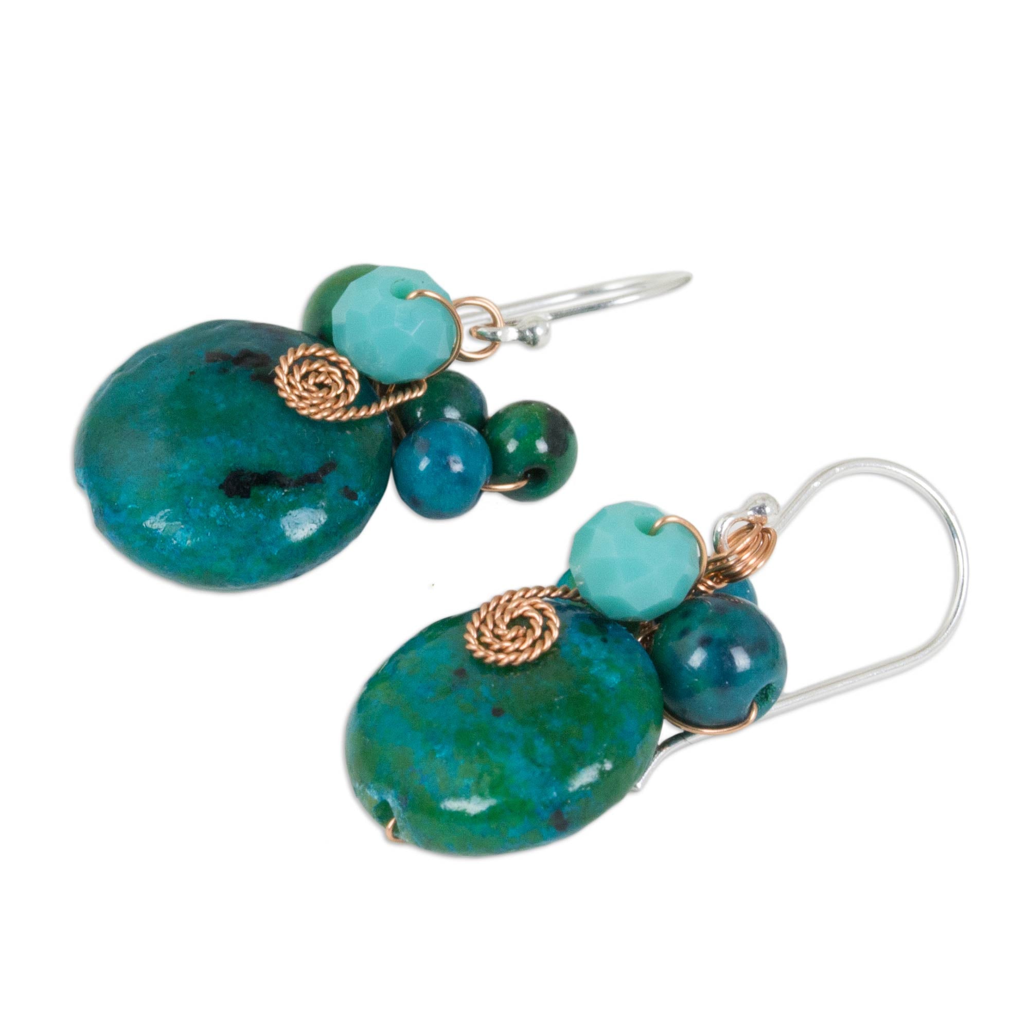 Premium Moonlight Garden Teal Serpentine & Glass Bead Dangle Earrings with Copper Hooks