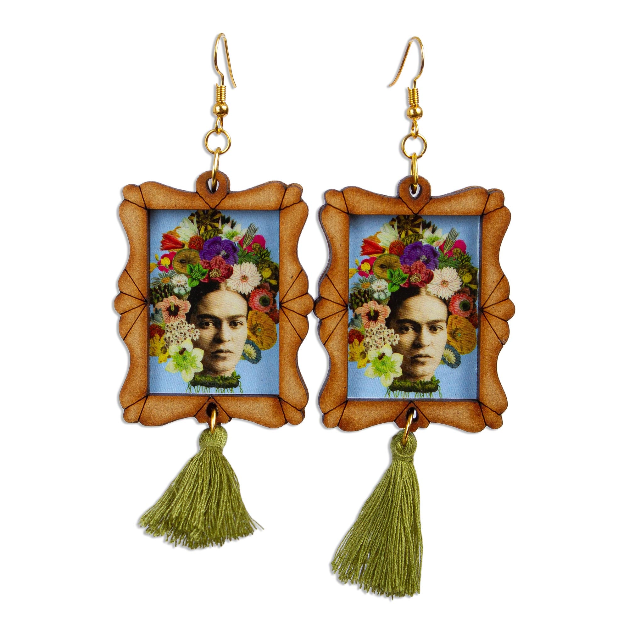 Premium Frida Kahlo Handcrafted Wood Dangle Earrings with Floral Design