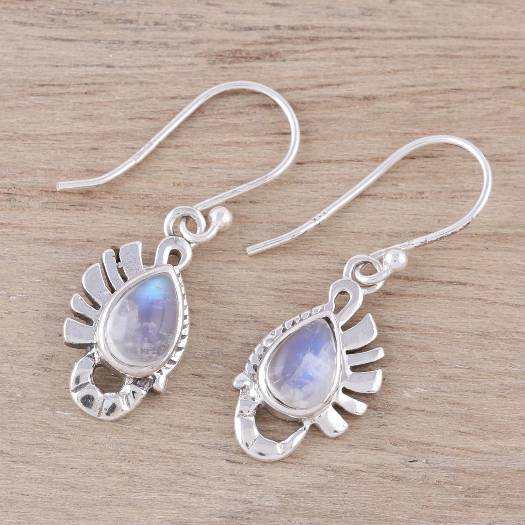 Premium Rainbow Moonstone Dangle Earrings – Handcrafted Sterling Silver Jewelry from India