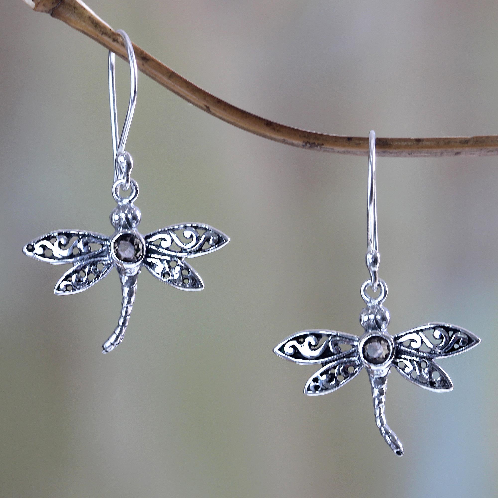 Premium Smoky Quartz Dragonfly Earrings - Handmade Sterling Silver