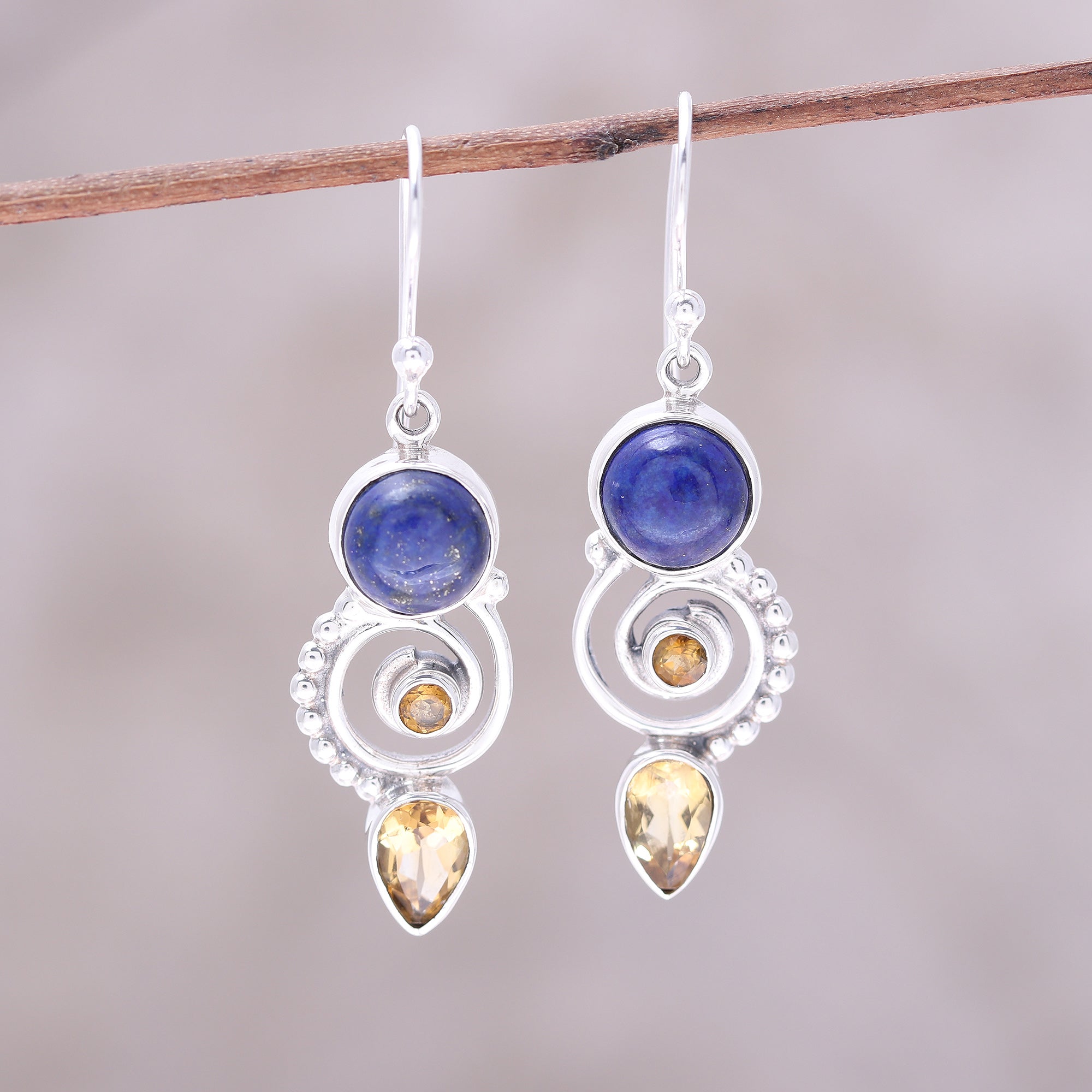 Premium Handcrafted Citrine & Lapis Lazuli Spiral Earrings - Indian Artisan Jewelry