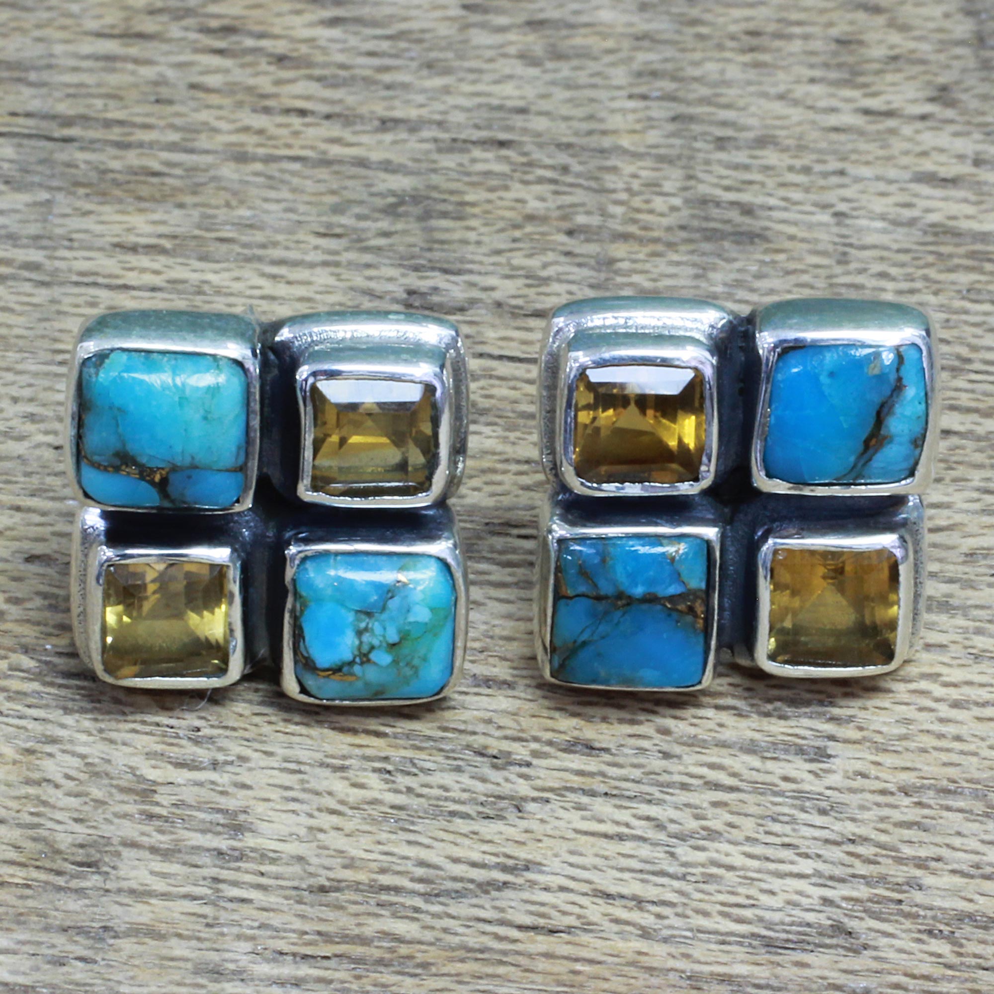 Premium Harmonious Sky Citrine & Turquoise Button Earrings