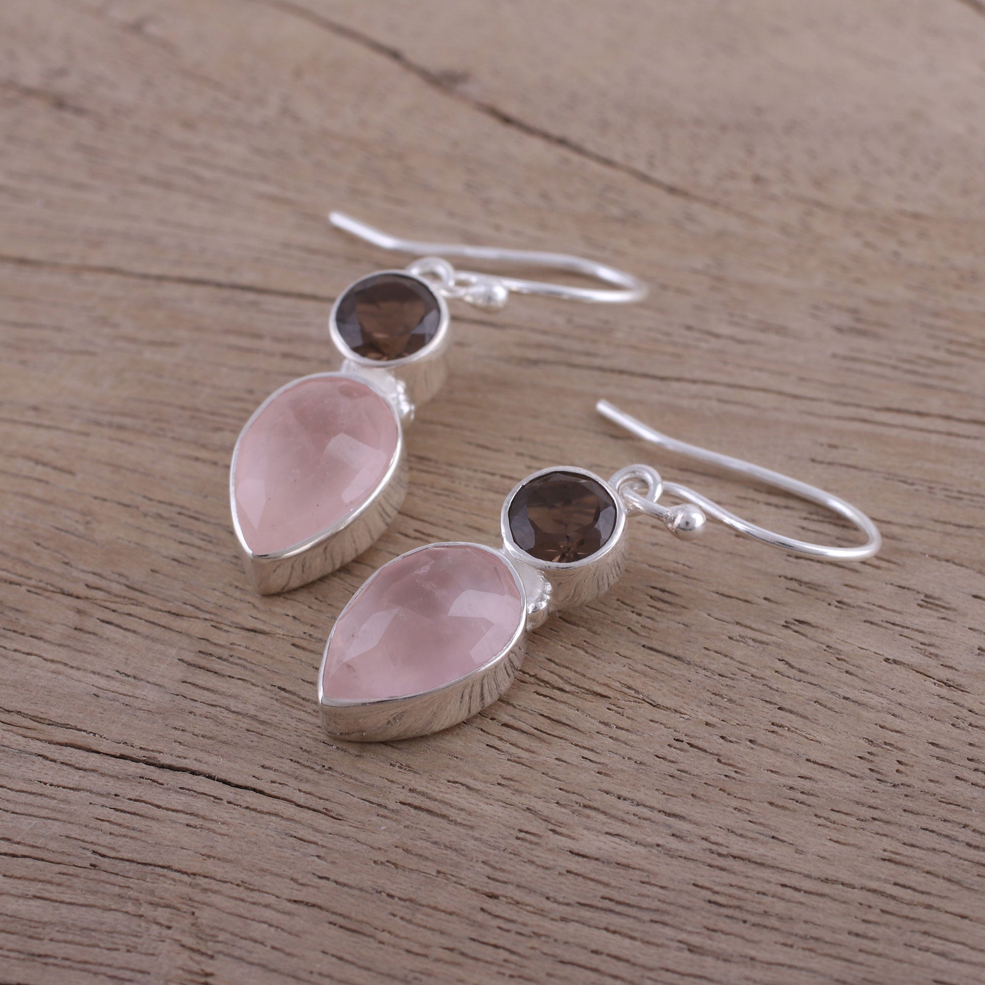 Premium Multi-Gem Dangle Earrings - Rose Quartz & Smoky Quartz