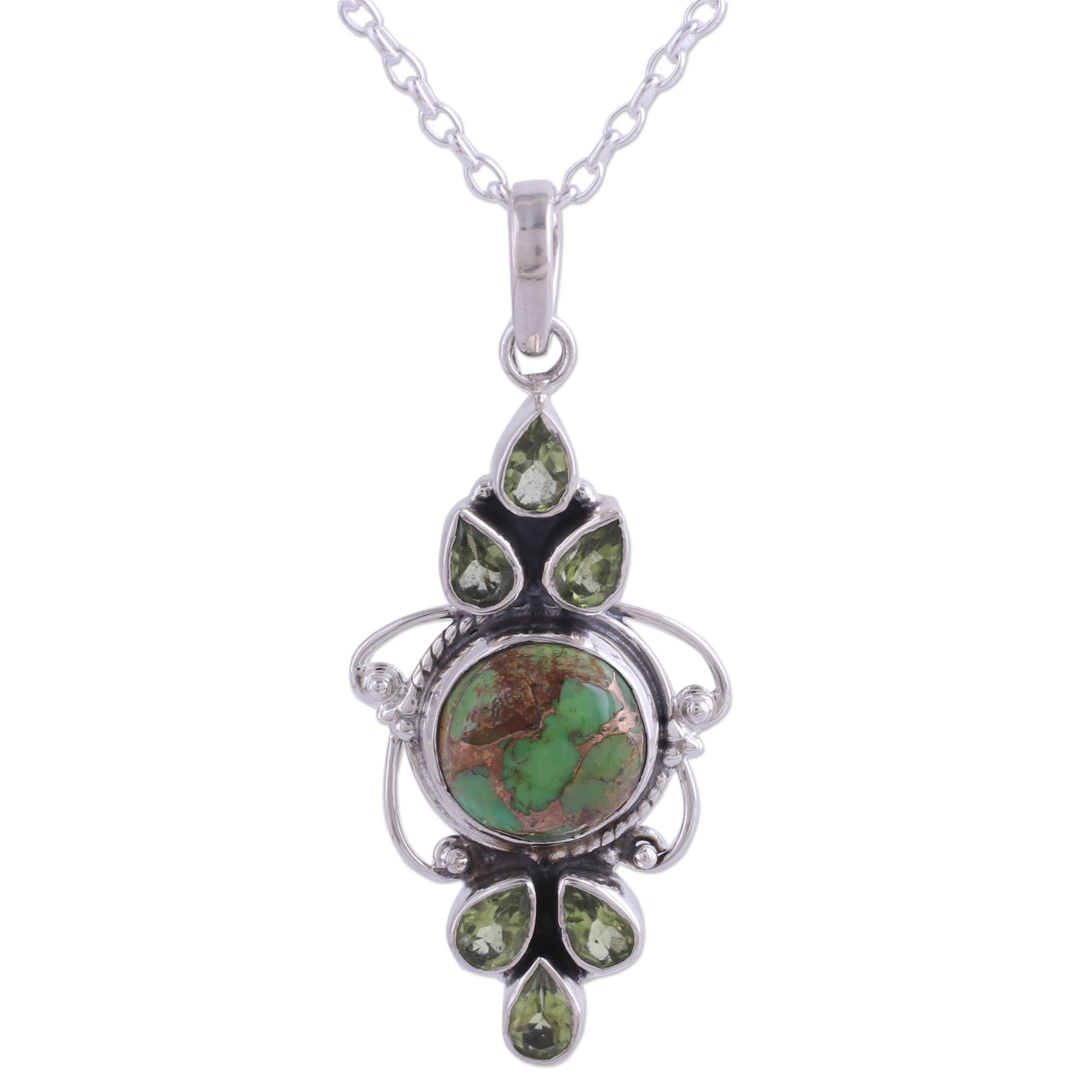 Premium Glittering Green Peridot & Turquoise Pendant Necklace - Handcrafted in India