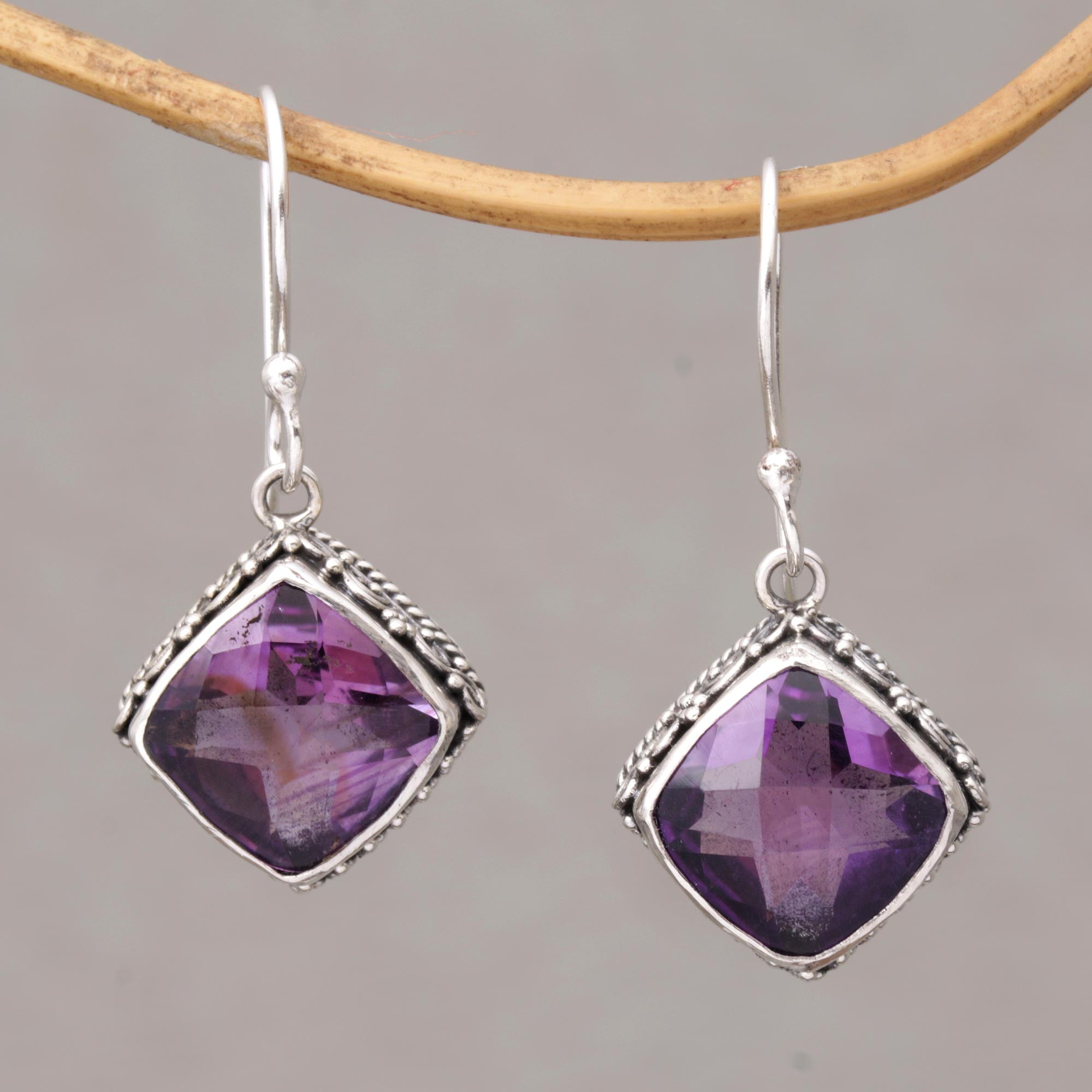 Premium Pura Amethyst & Silver Dangle Earrings - Handcrafted in Bali