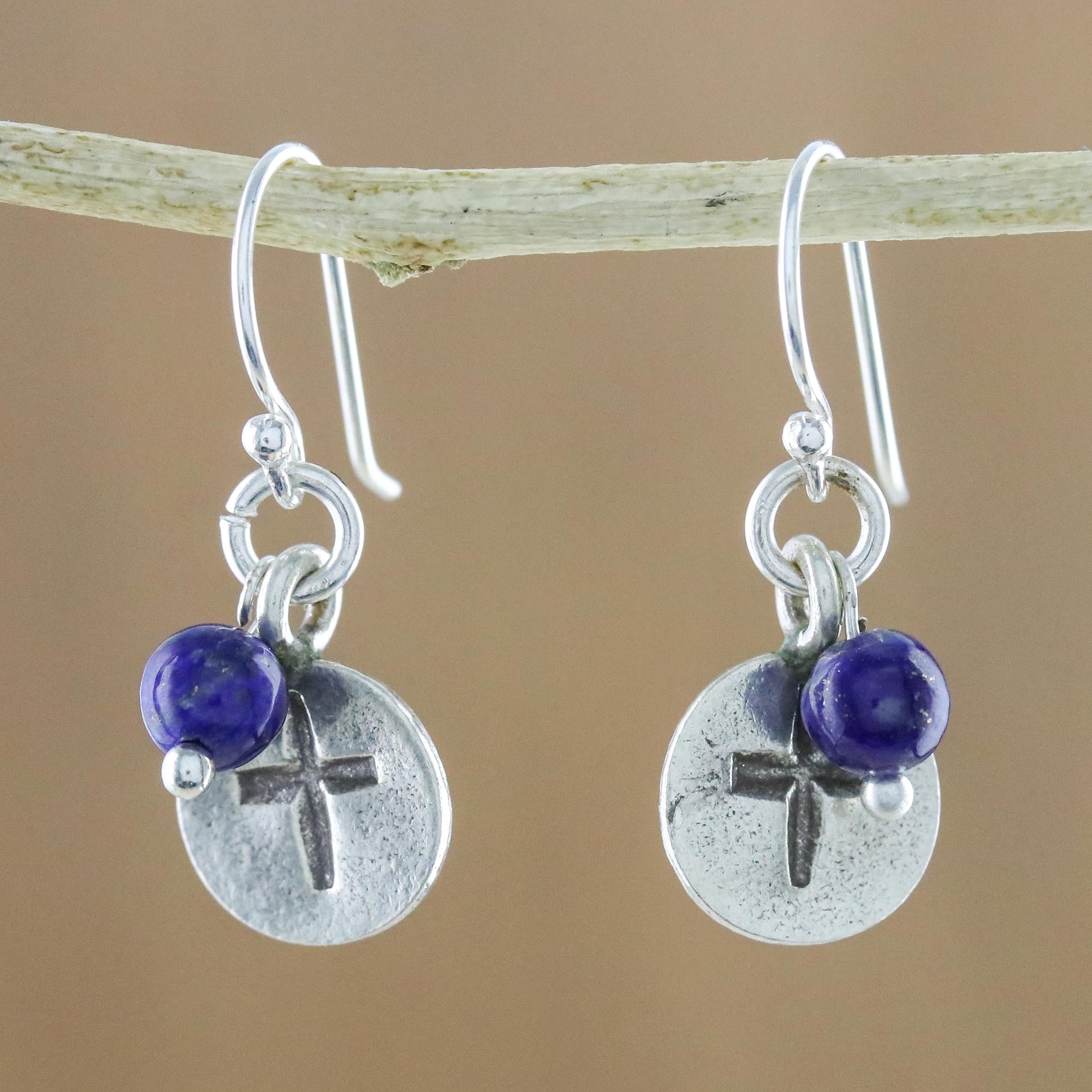 Premium Lapis Lazuli Cross Dangle Earrings - Handcrafted Silver Jewelry from Thailand