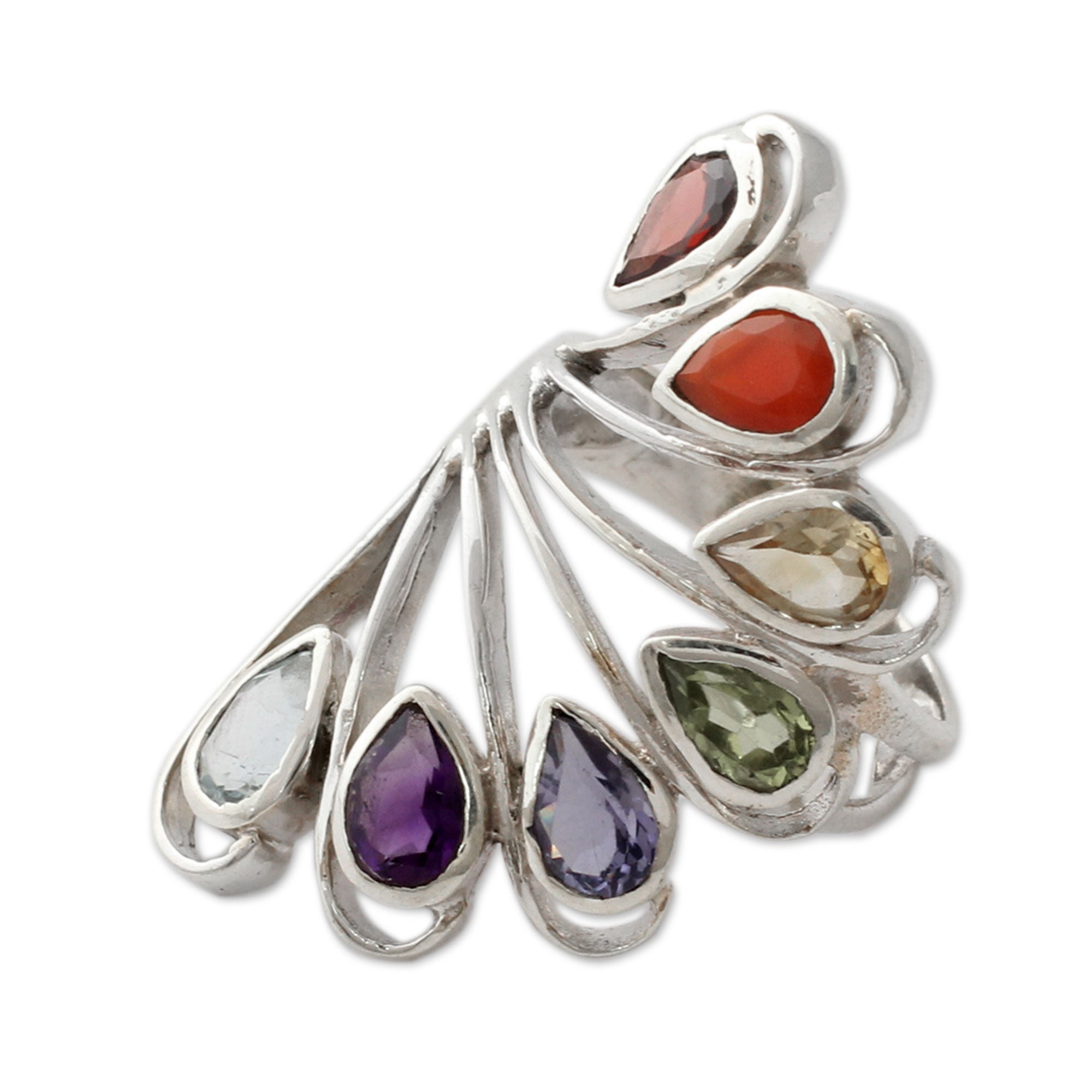 Premium Chakra Harmony Multi-Gemstone Silver Ring - Ultimate Spiritual Jewelry from India