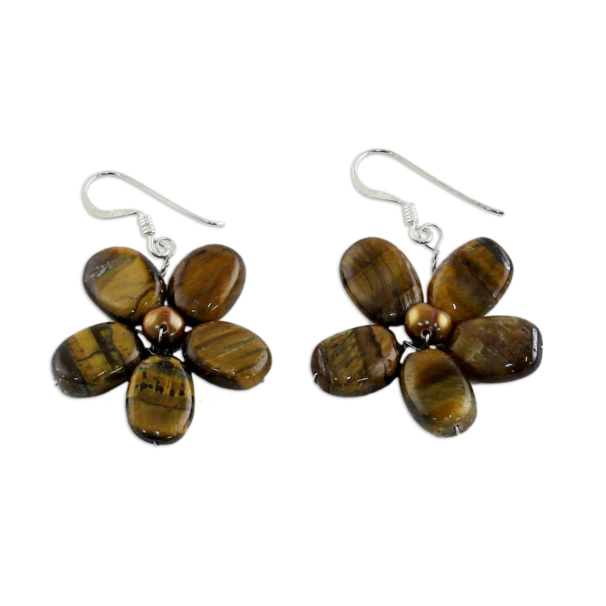 Premium Paradise Pearl & Tiger's Eye Elegant Flower Earrings