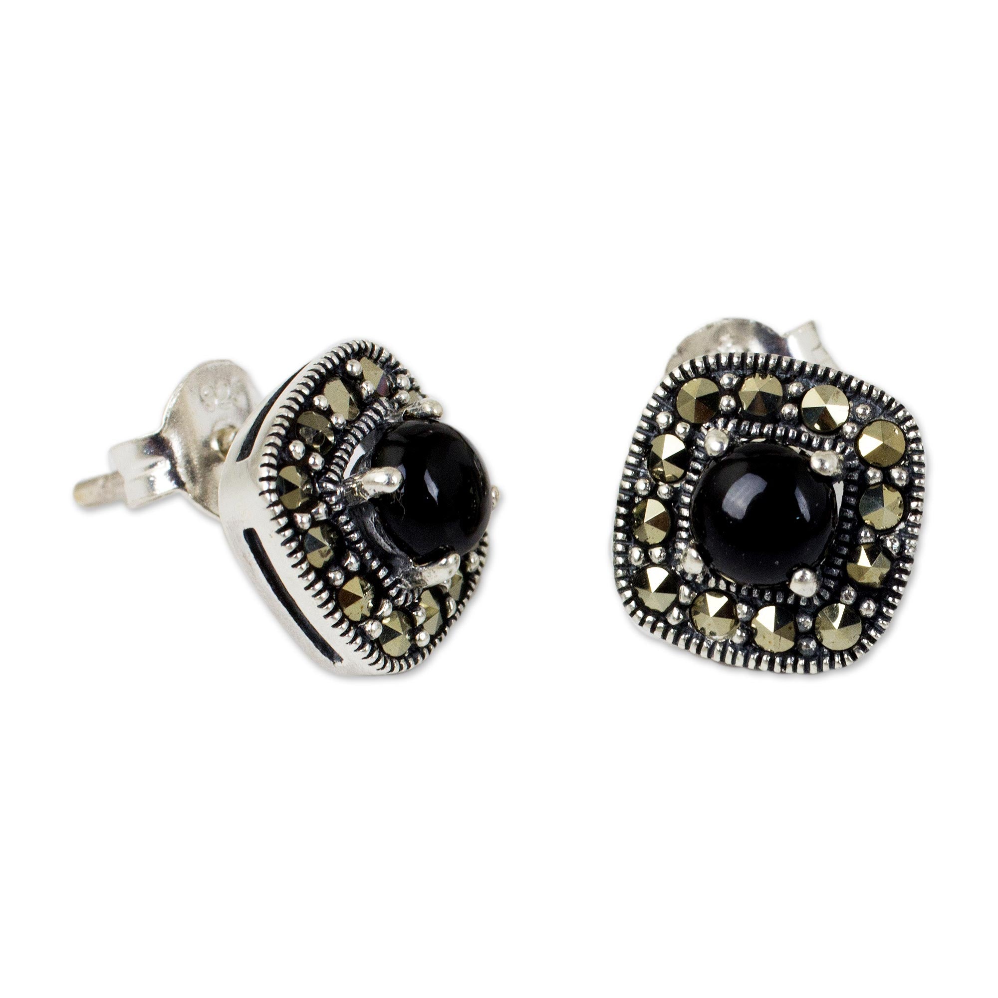 Premium Vintage Belle Onyx & Marcasite Sterling Silver Button Earrings