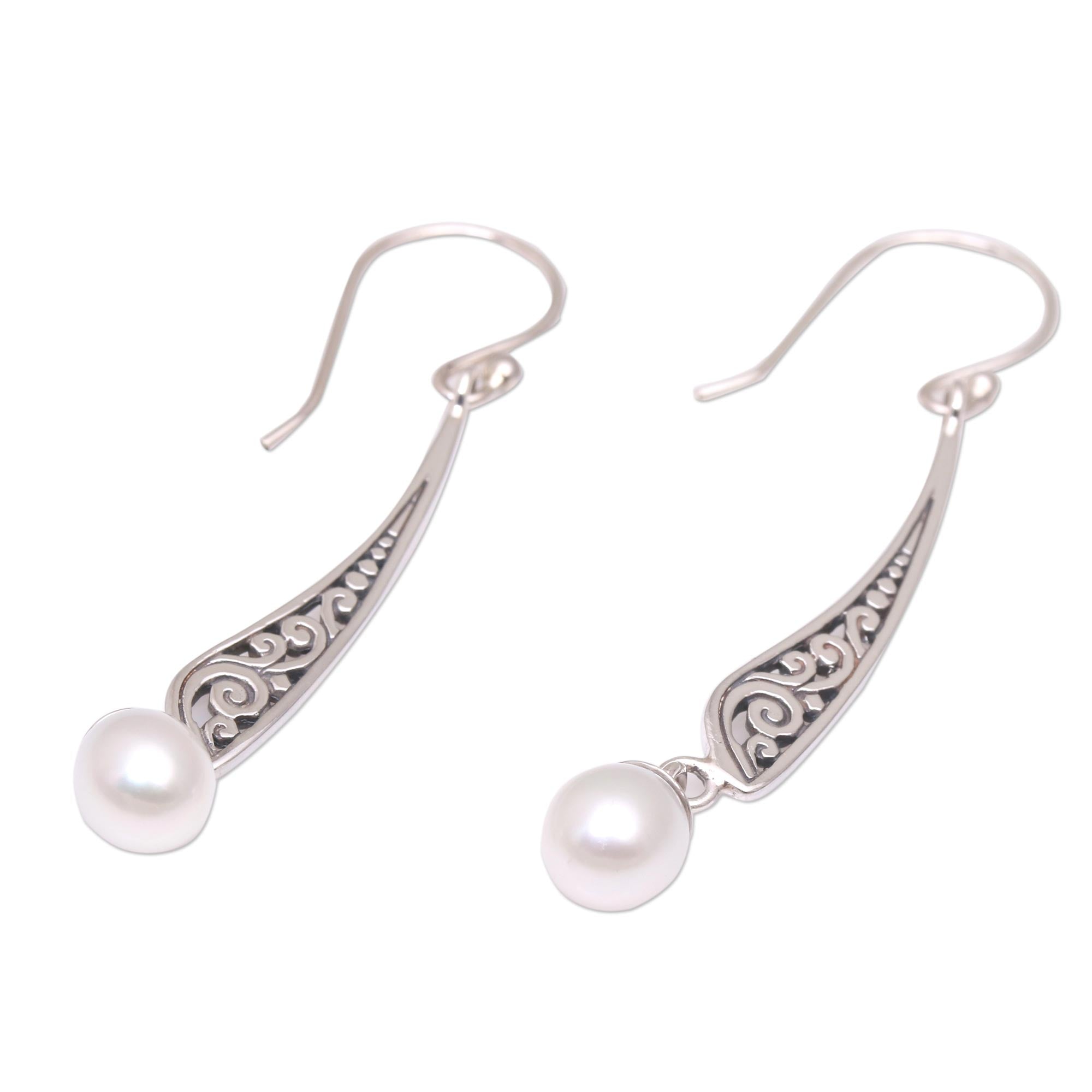 Premium Vine Motif Cultured Pearl Dangle Earrings - Handcrafted in Indonesia