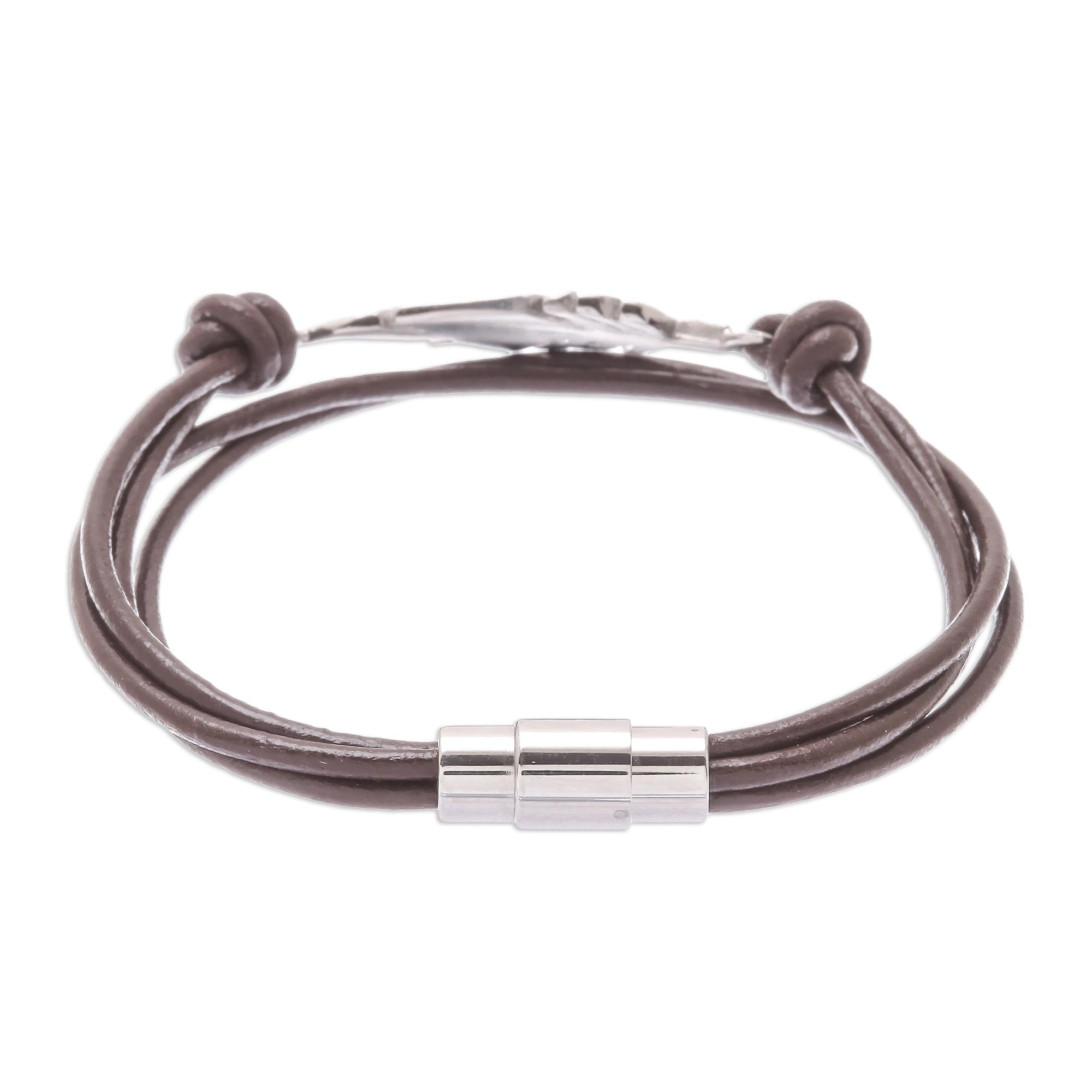 Premium Brown Leather & Stainless Steel Feather Pendant Bracelet - Handcrafted Elegance