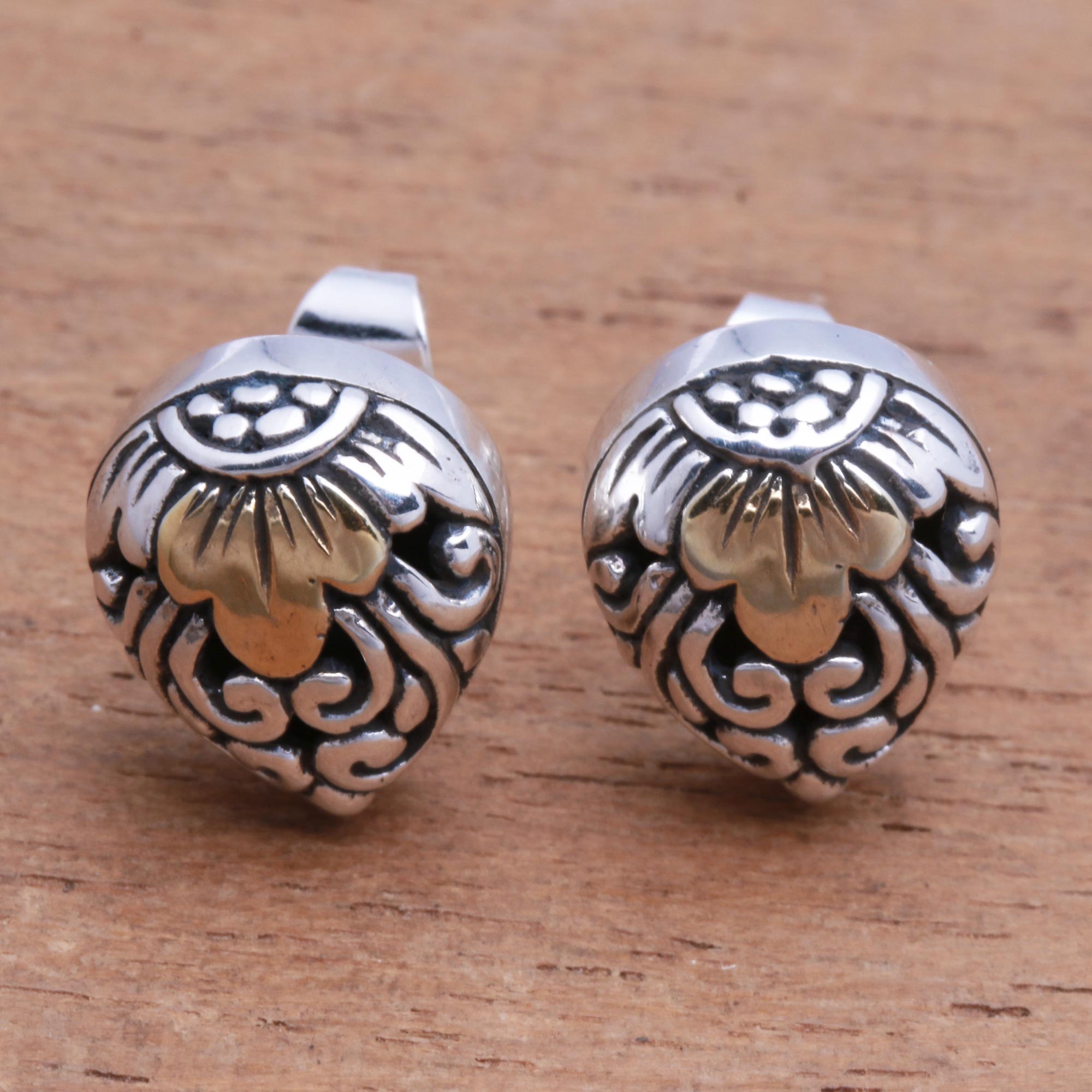 Premium Royal Glam Vine Pattern Gold Accented Sterling Silver Stud Earrings