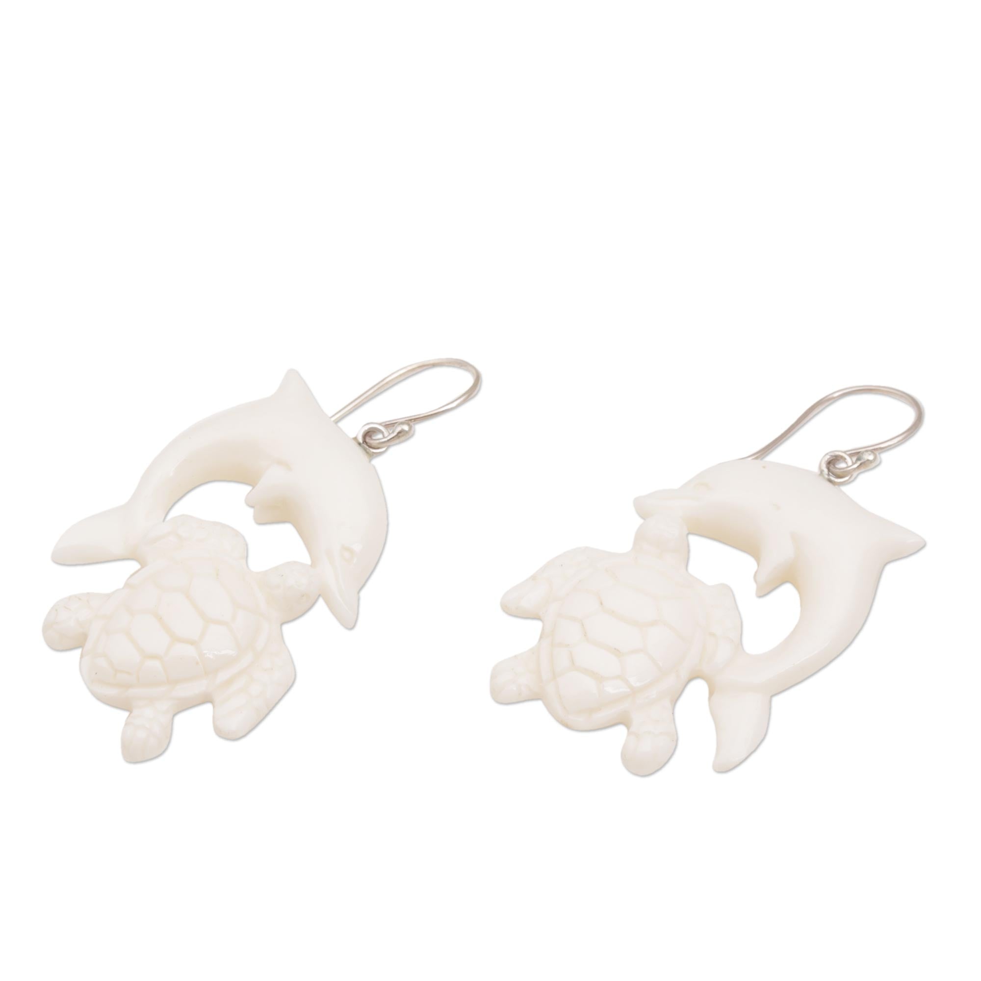 Premium Oceanic Elegance: Dolphin & Tortoise Bone Dangle Earrings