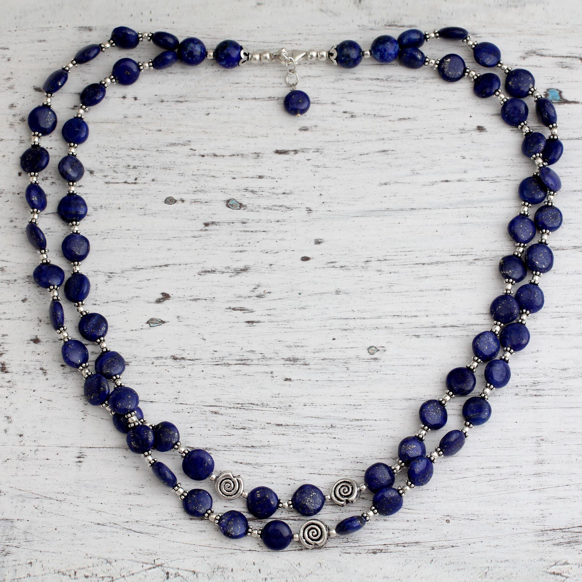 Premium Lapis Lazuli Sterling Silver Beaded Necklace - Handcrafted Elegance