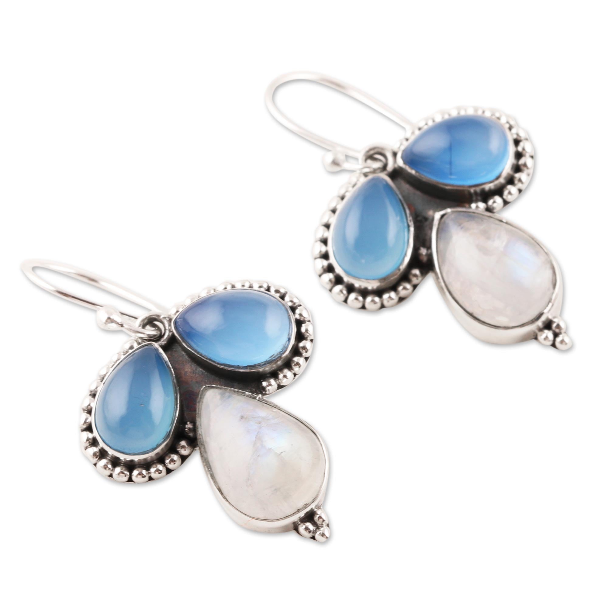 Premium Trio Teardrop Earrings – Blue Chalcedony & Rainbow Moonstone