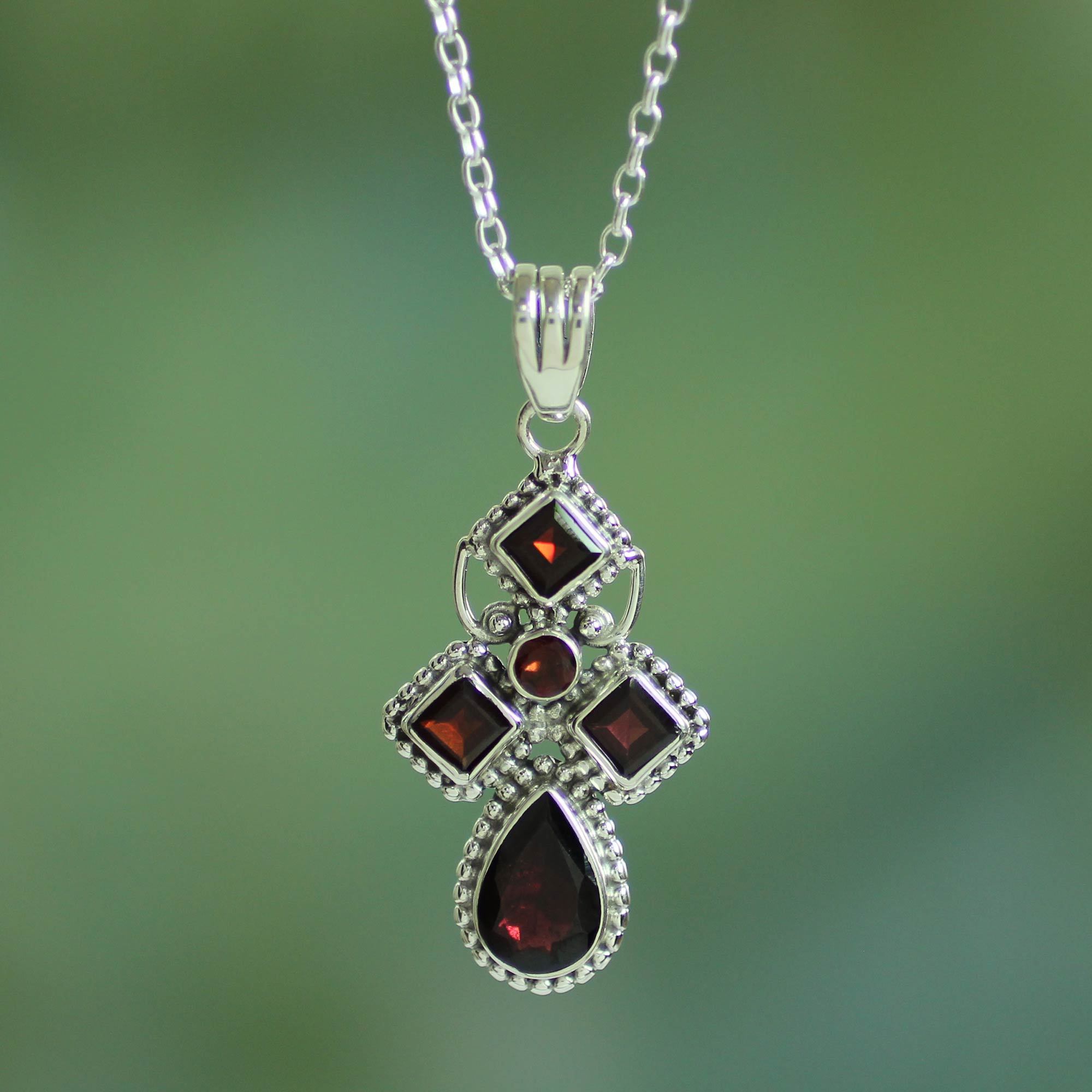 Premium Geometric Illusions Garnet Pendant Necklace - Handcrafted Sterling Silver