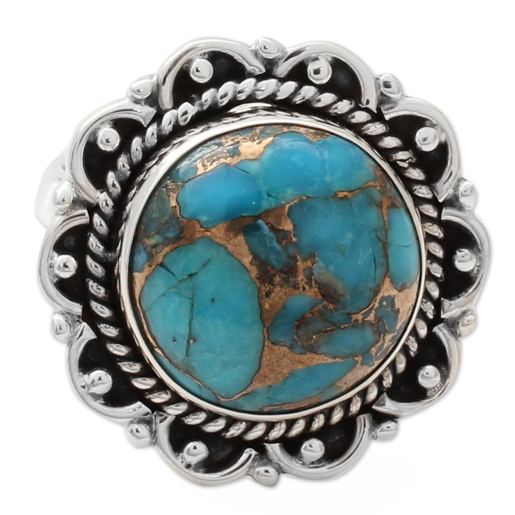 Premium Golden Aqua Swirls Turquoise Ring with Sterling Silver Petals – Ultimate Handcrafted Jewelry