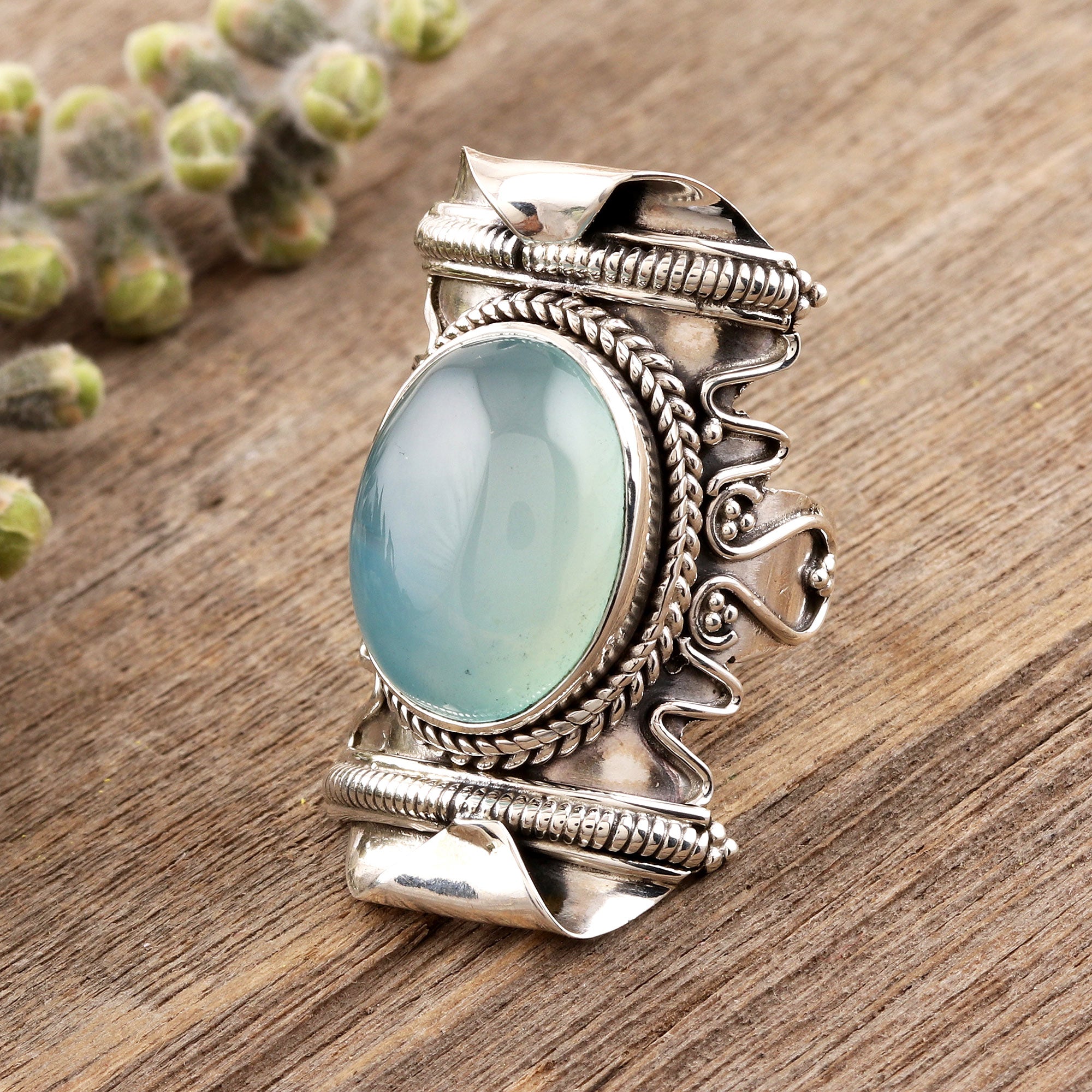 Premium Rajasthan Realm Aqua Chalcedony Sterling Silver Cocktail Ring