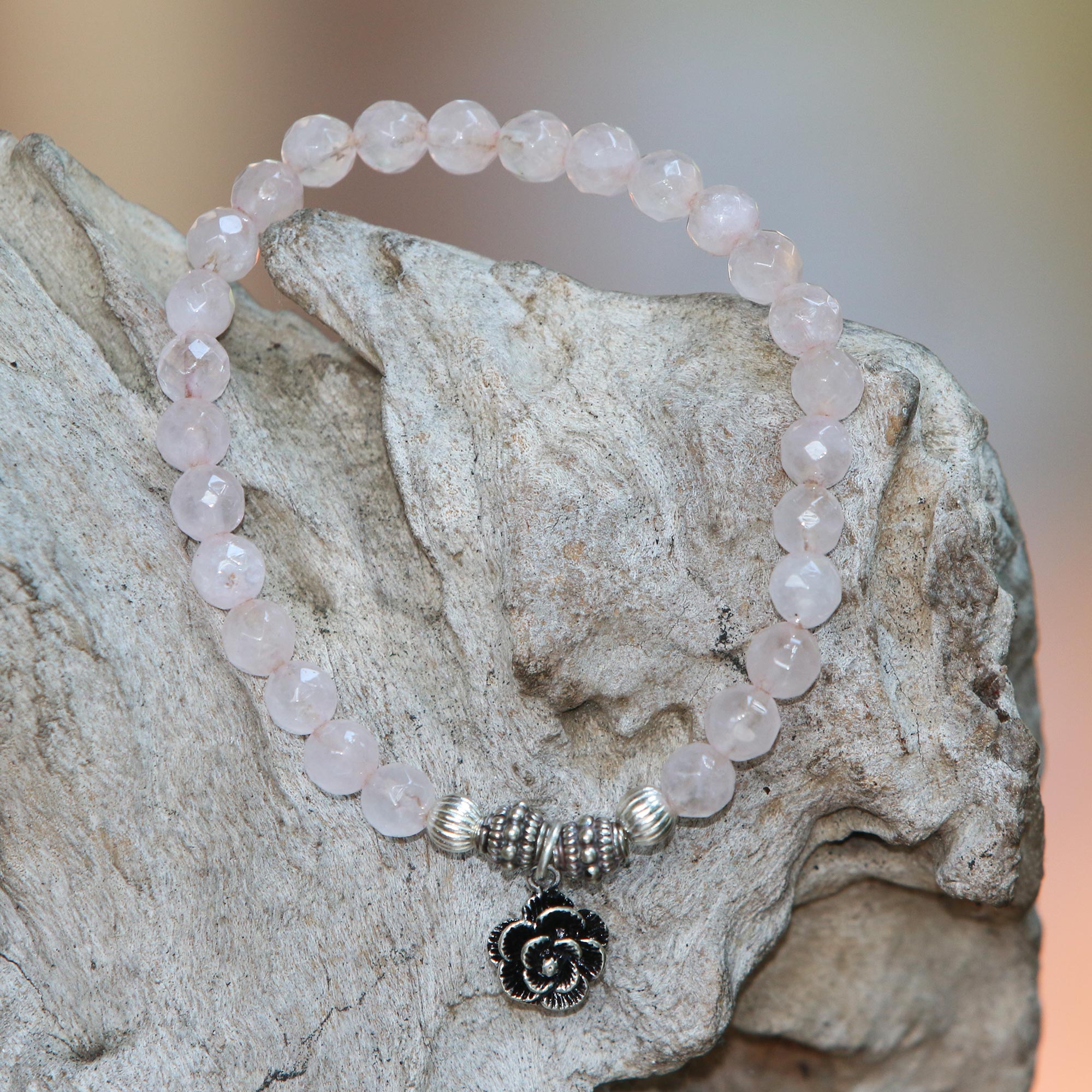 Premium Rose Quartz & Flower Charm Bracelet - Handcrafted in Bali