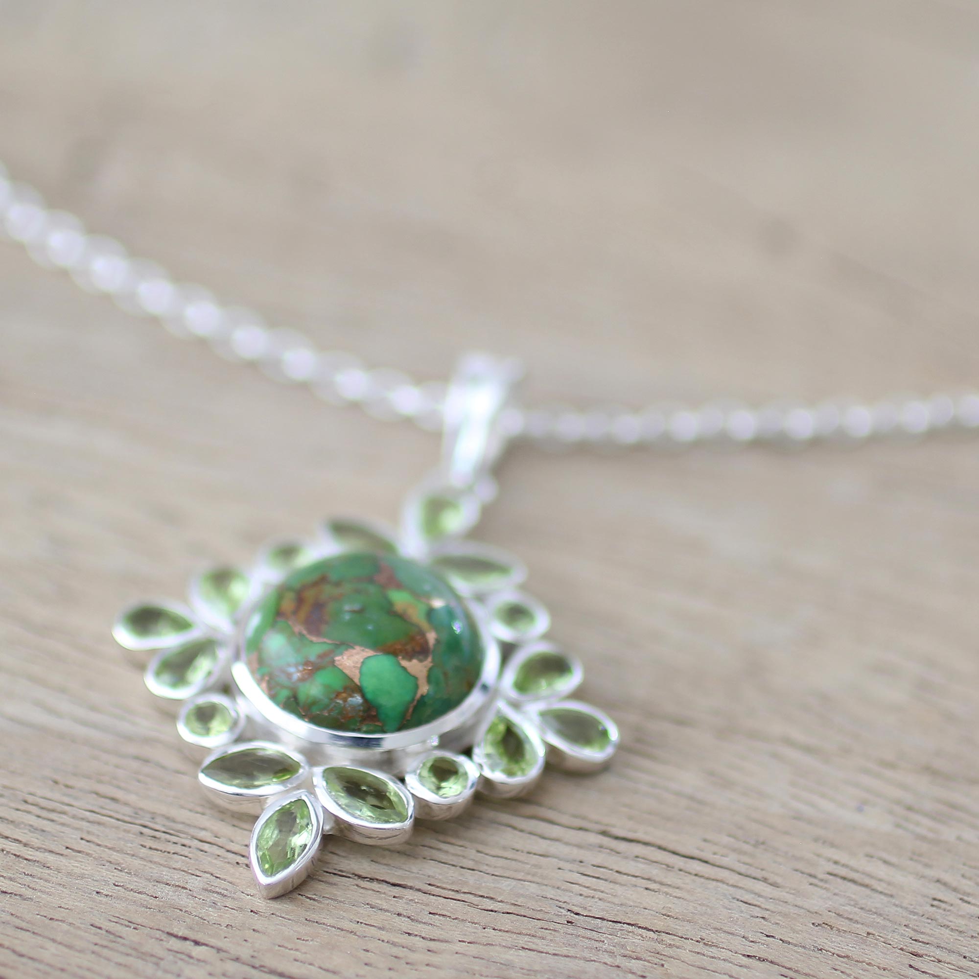 Premium Green Turquoise & Peridot Pendant Necklace - Handcrafted Sterling Silver Jewelry