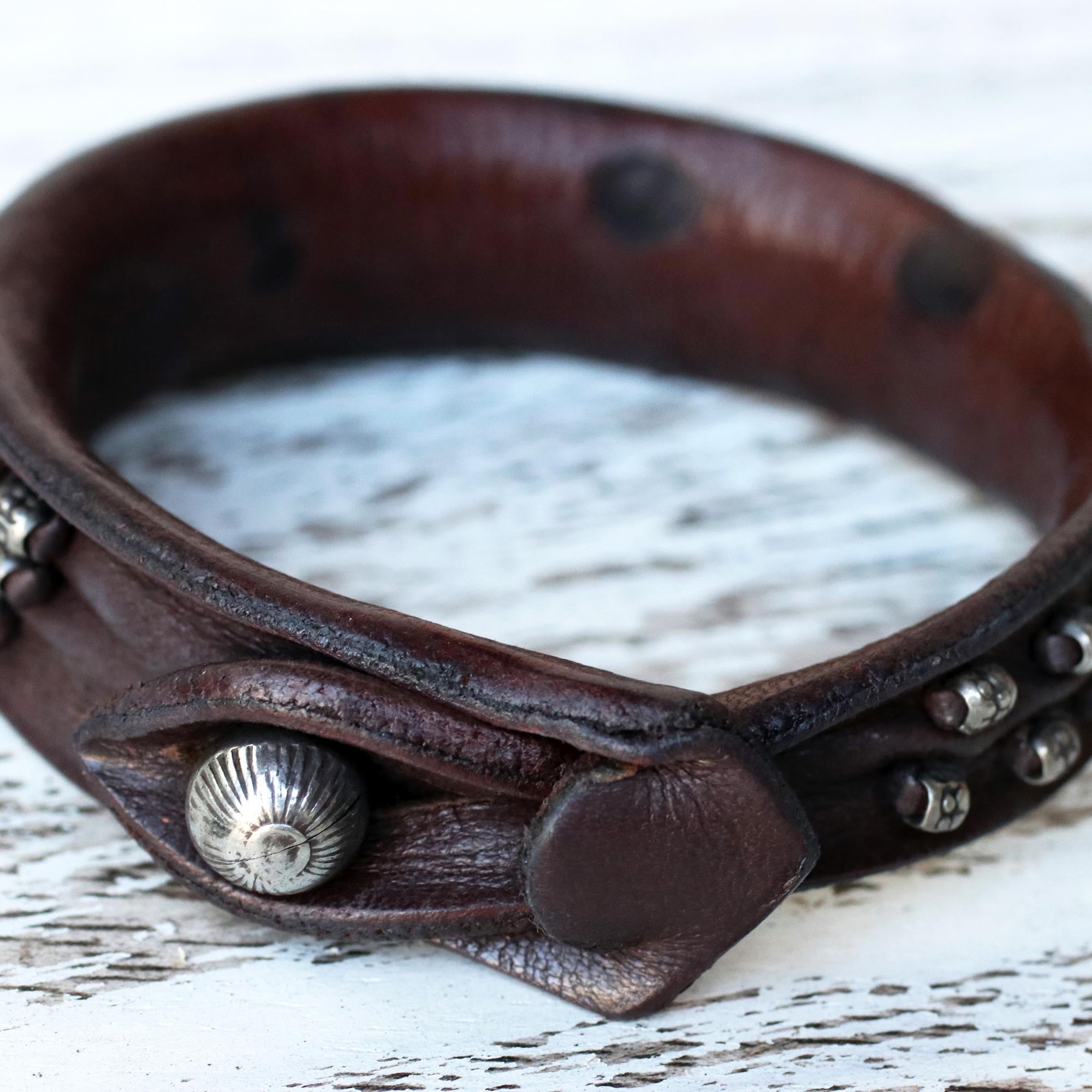 Premium Mountain Rock Leather Bracelet with Karen Hill Tribe Silver Accents