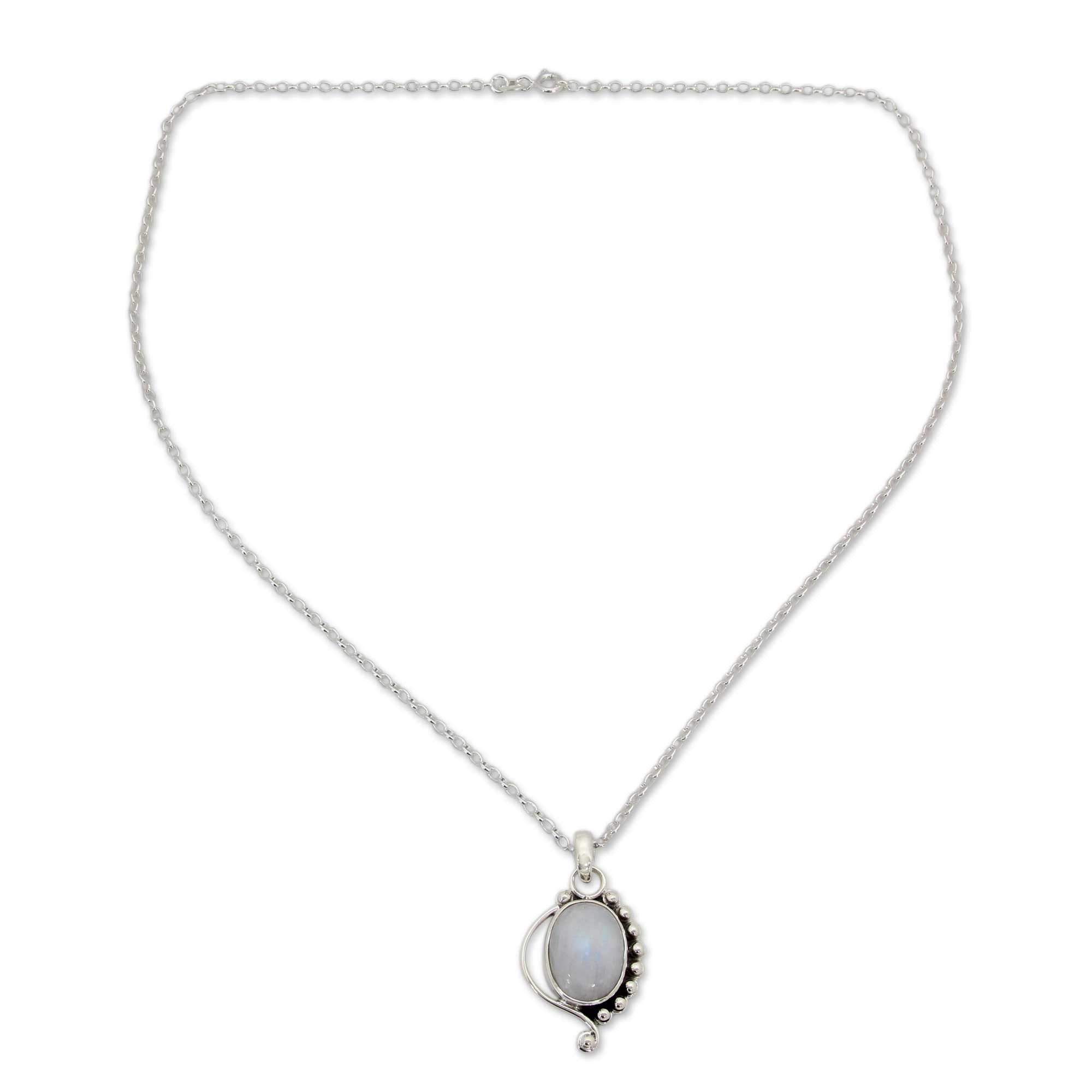 Premium Indian Paisley Moonstone Pendant Necklace - Sterling Silver